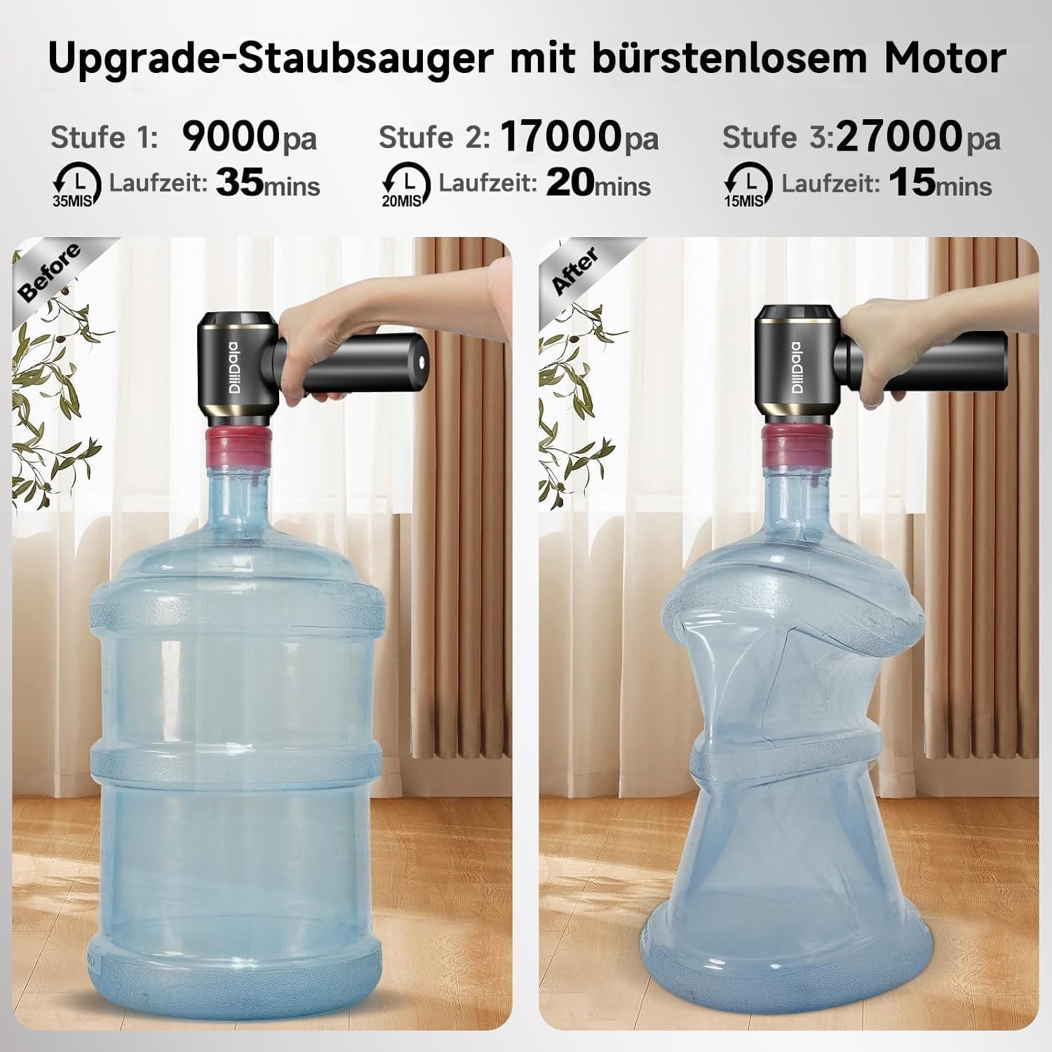 Handstaubsauger Akku, 27000PA Autostaubsauger Akku Testsieger, EIN-Touch-Staubbehälter Handstaubsauger Kabellos, 3-Gang 270000 U/min Druckluft für Auto, Küche, Sofa, Büro