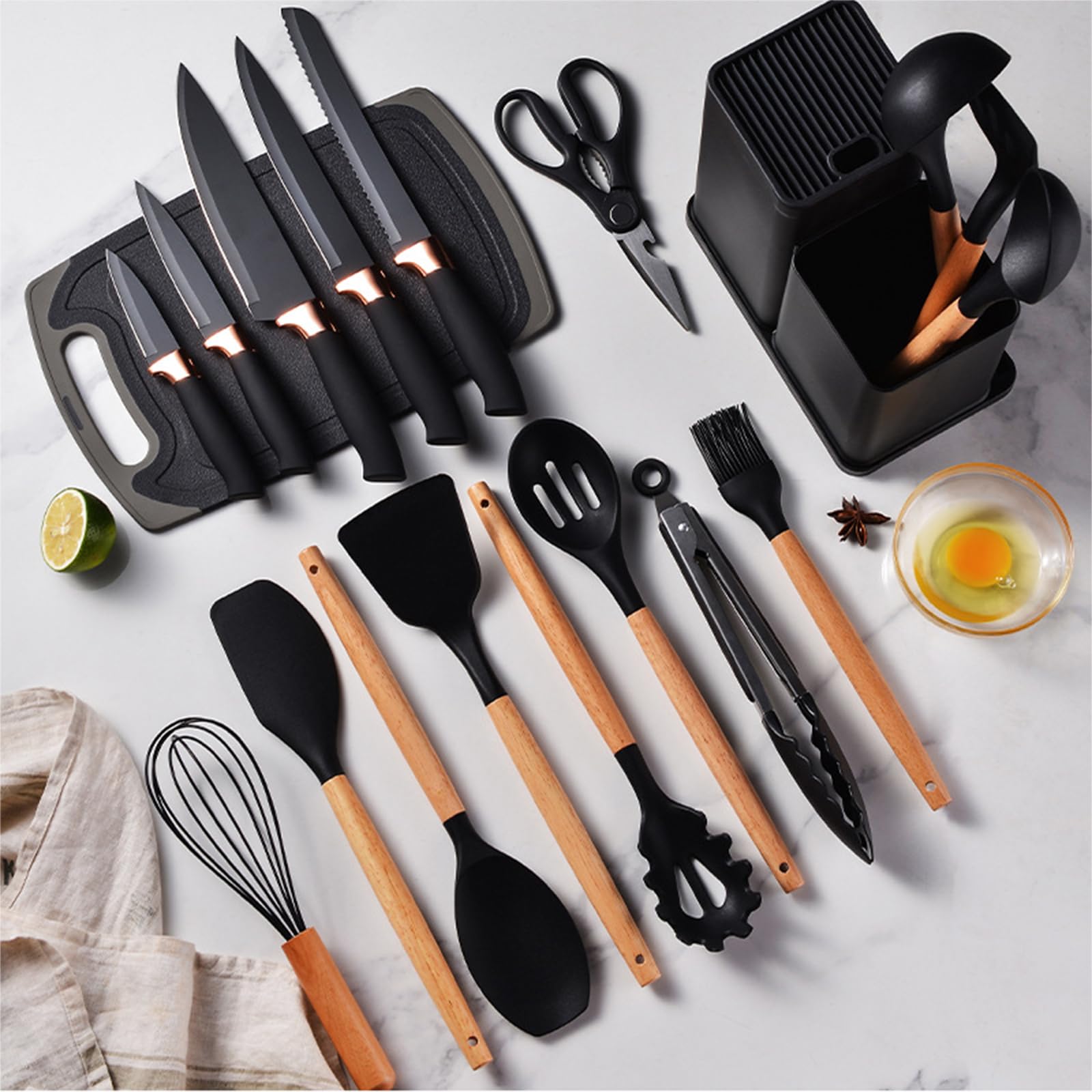 19 Piezas Utensilios De Cocina De Silicona Sin Bpa Herramienta De Cocina Antiadherente Resistente Al Calor Con Mangos De Madera Juego Utensilios De Cocina Silicona Sin BPA,19pcs, Black