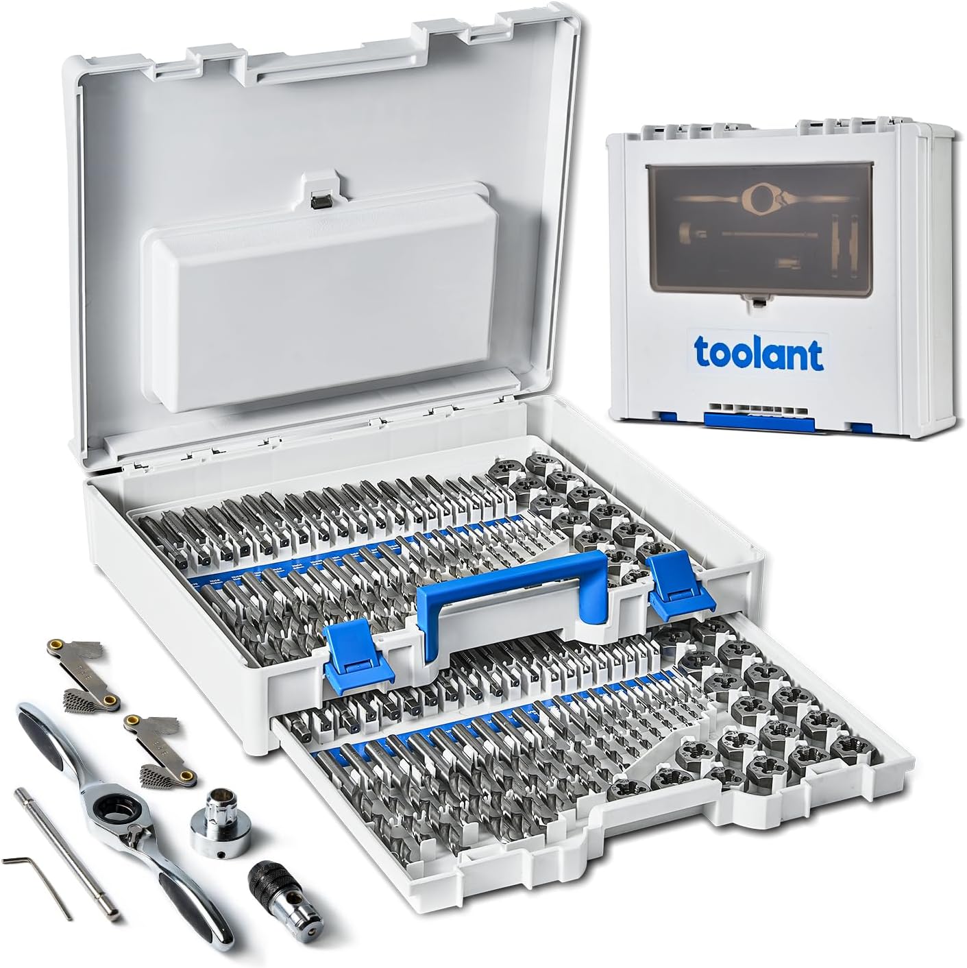 toolant 127 Piece Ratcheting Tap and Die Set, SAE/Metric Tap and Die Set with Assortment Drill Bit for Threading, Double-Layer Tool Box