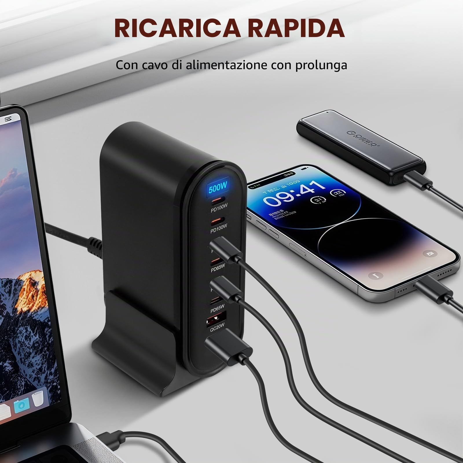 500W Caricatore USB Multiplo, 8 Porte Stazione di Ricarica Veloce Caricabatterie USB C PD PPS 100W Alimentazione Rapido per Laptop Telefono Cellulare