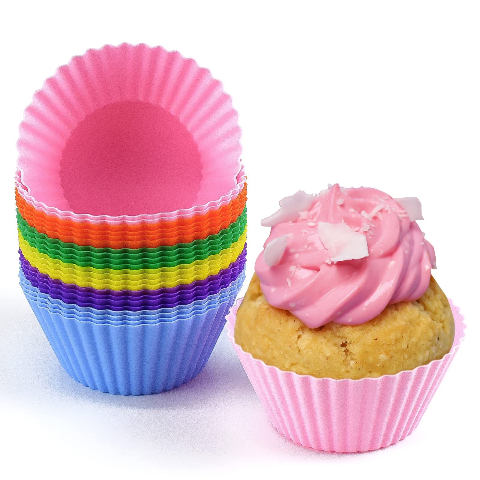 FGSAEOR Reusable Silicone Cupcake Baking Cups, Non-stick Muffin Cupcake Liners Holders Set for Party Halloween Christmas Bakery Molds Supplies (Silicone, 24-Pack)