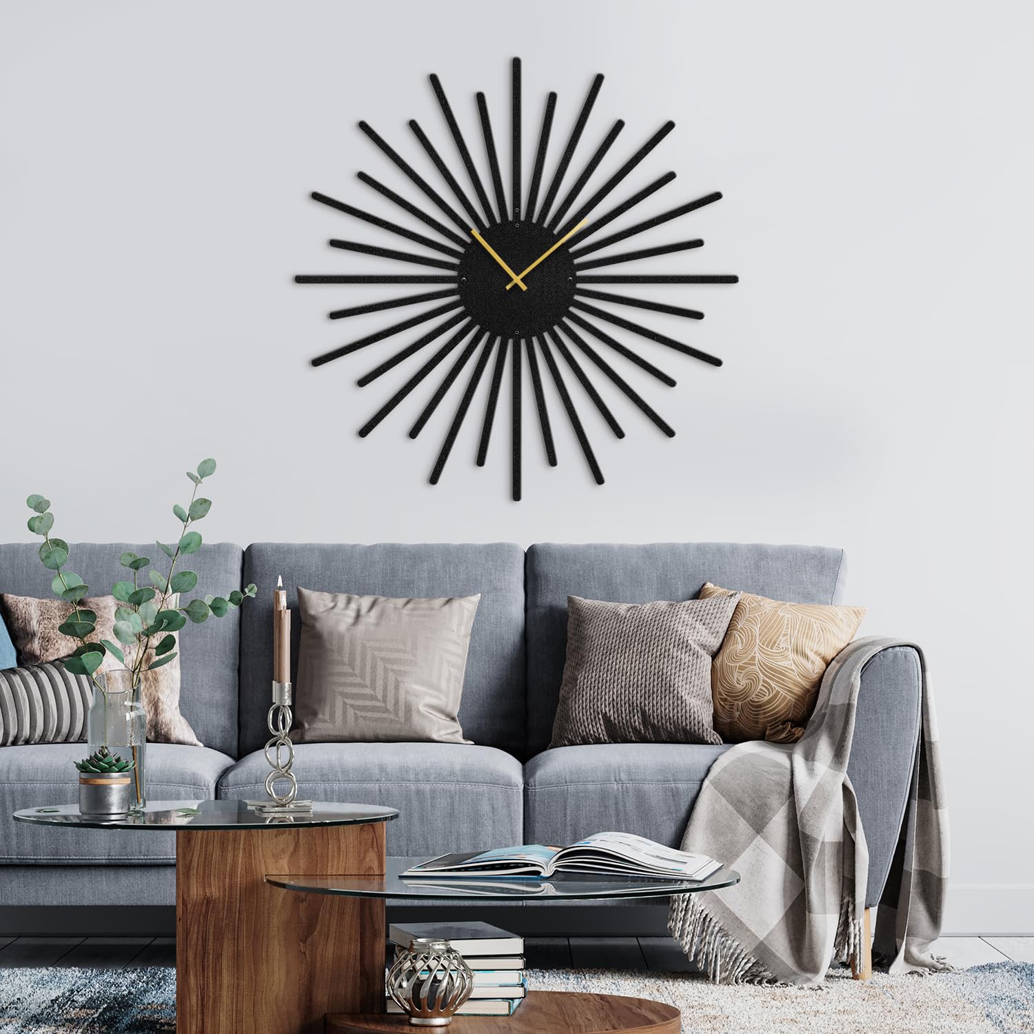 SIGNLEADER 36 Inch Metal Wall Clock Wall Art Decor, Sun Shape Wall Sculpture Clock Silent Battery Operated Hangings Home Decoration for Living Room,