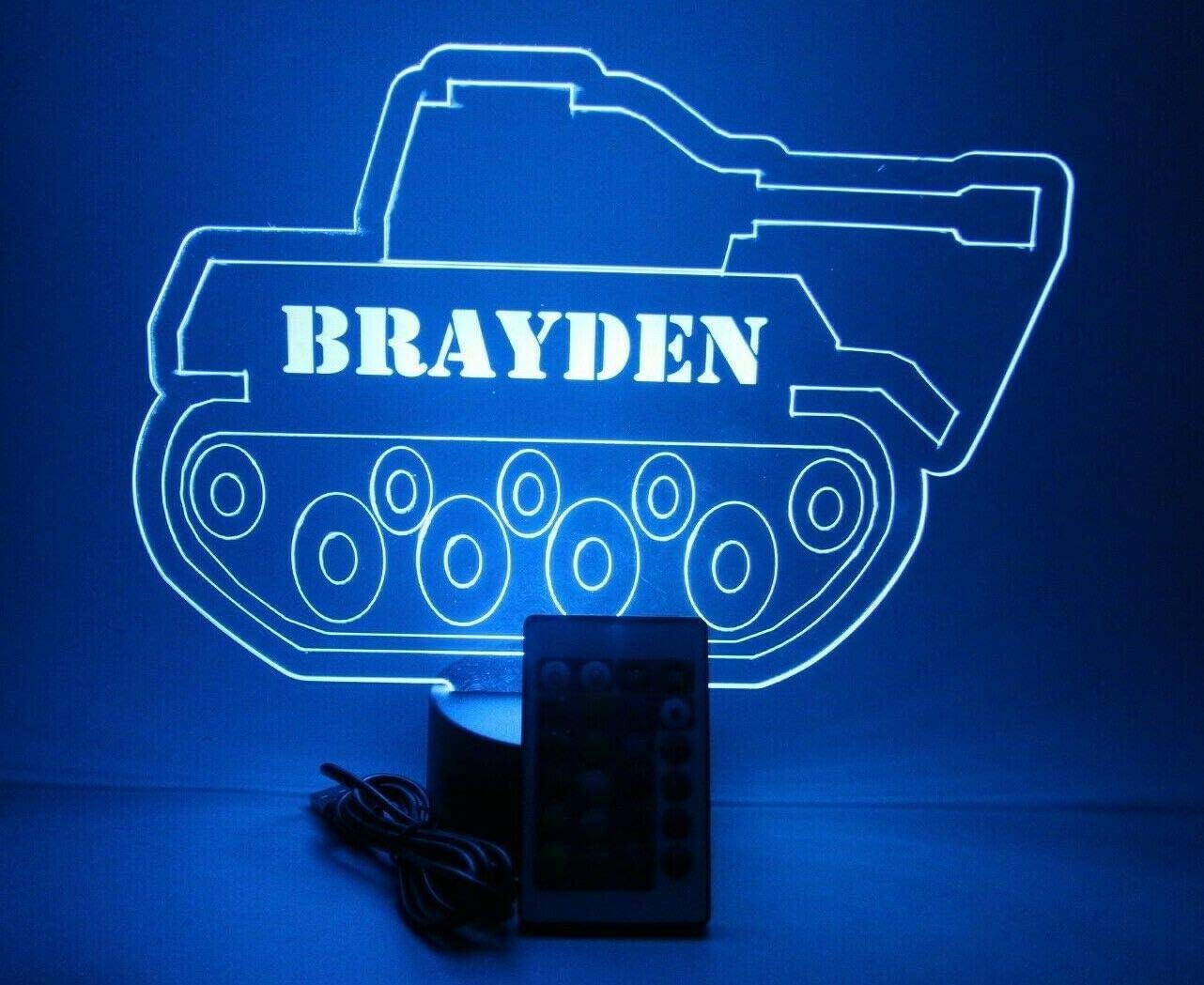 Armored Combat Battle Tank Military Fighting Vehicle Night Light Up LED Free Engraved Custom Name Personalized Table Lamp Room Decor, With Remote, 16 Color Options, Dimmer, It's WOW, Great Gift