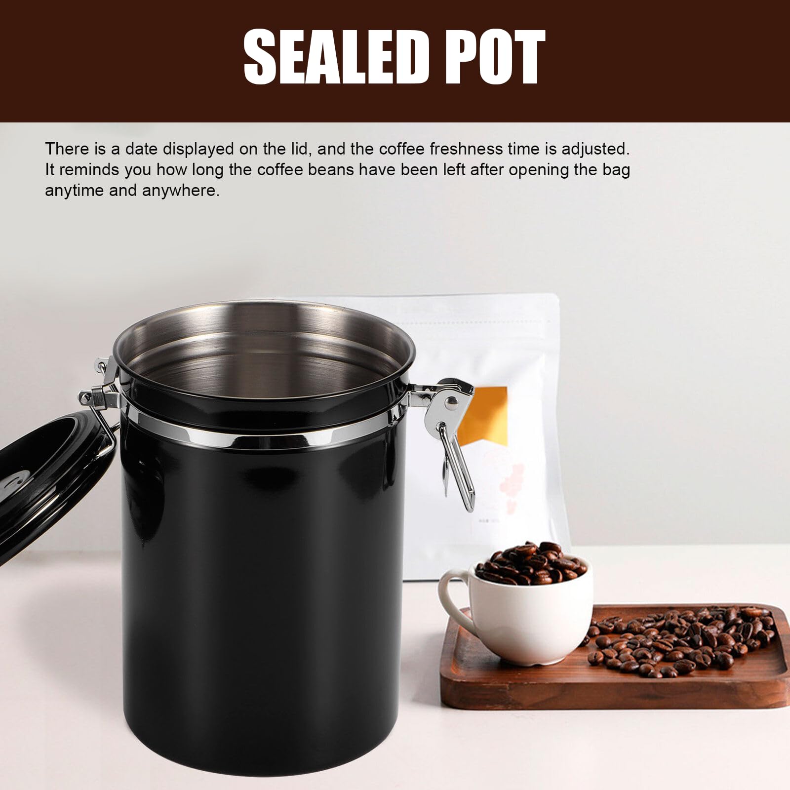 Barattolo Caffè Ermetico Acciaio Inox 1,8L Con Datario E Cucchiaio - Nero - Foto 6