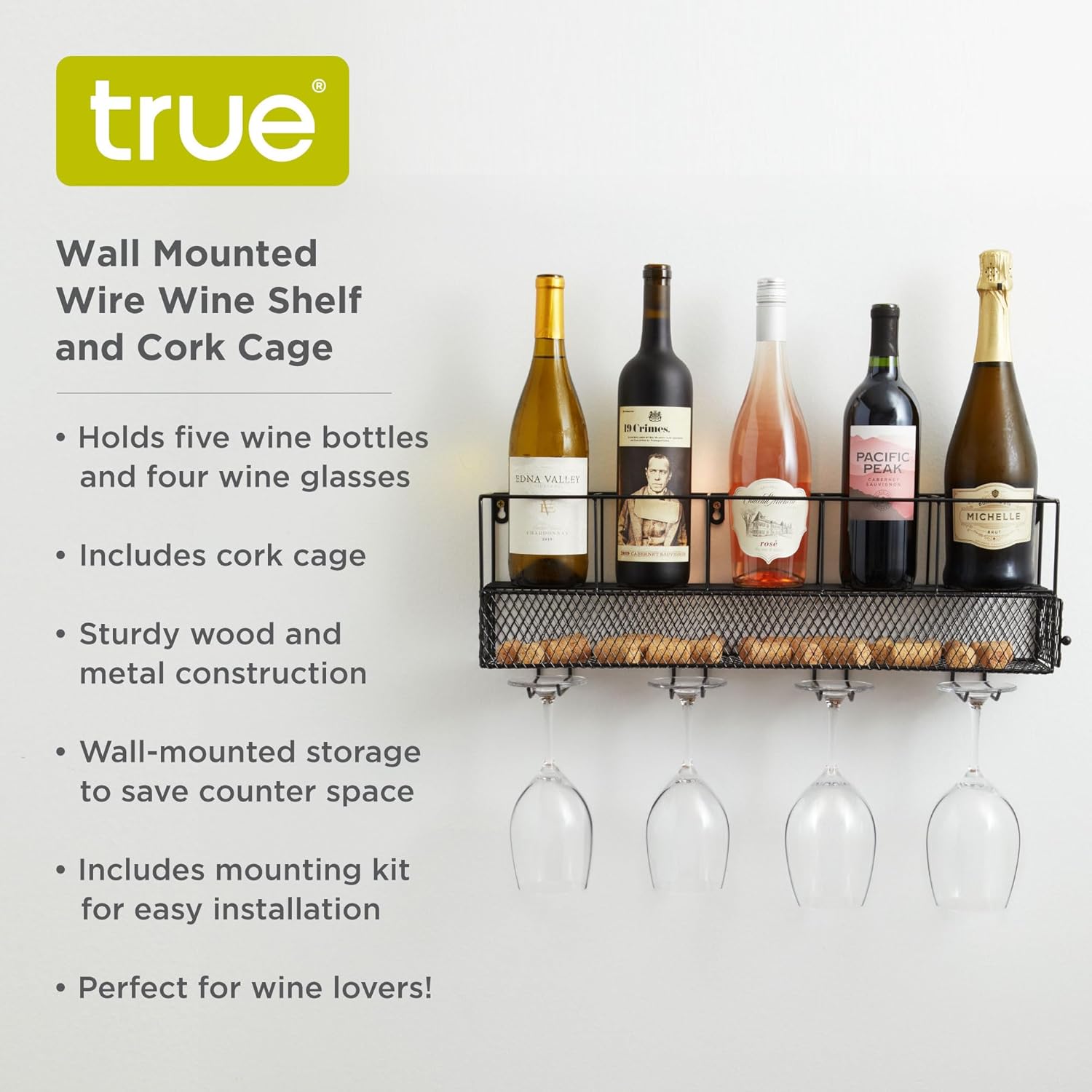 Black Wall Mounted Wire Wine Shelf with Cork Cage