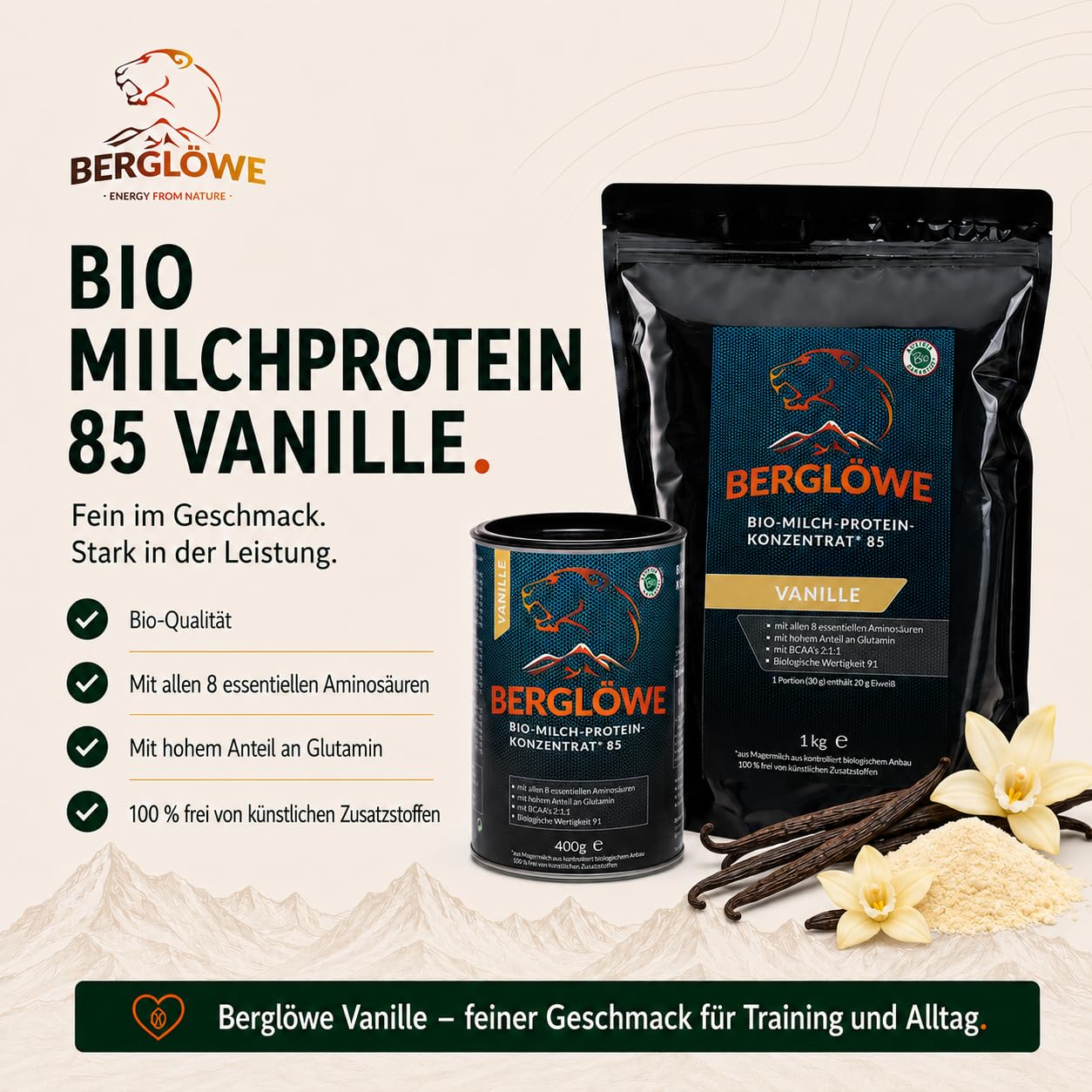 Bio Proteinpulver von BERGLÖWE: Bio Milchprotein Konzentrat Vanille (80% Casein 20% Whey)