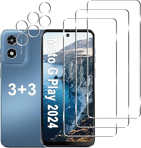 Miniatura 1 de Paquete de 3+3 Protector de pantalla para Moto G Play 2024 + protector de lente de cámara, vidrio templado 9H, antiarañazos, fácil instalación, sin