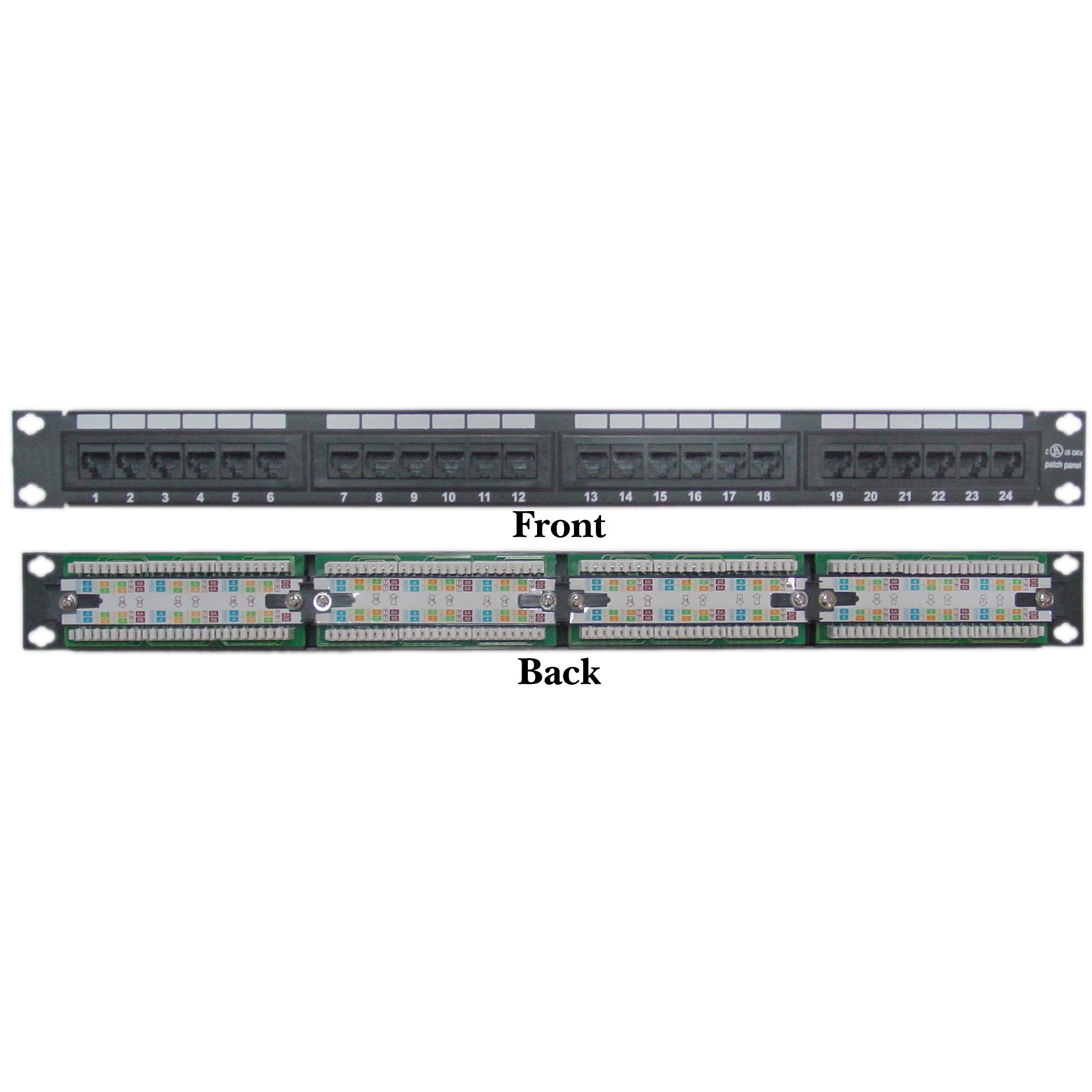 CableWholesale 24 Port Cat6 Patch Panel, 19" Horizontal Rackmount or Wall Mount Panel, RJ45 Ethernet 110 Type, 568A/568B Compatible, 1U, Black