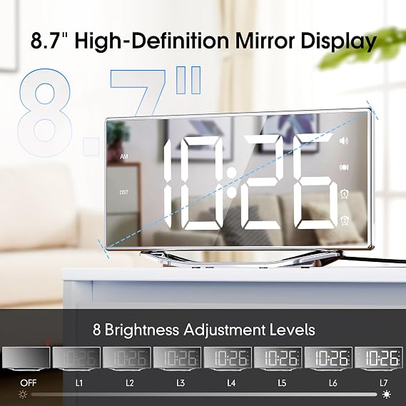 Mesqool Digital Alarm Clock with Bed Shaker, Vibrating Dual Alarm for Heavy Sleepers, 8.7 Dimmable LED Mirror Display, 7-Level Volume & Brightness, Snooze, DST, USB Charger