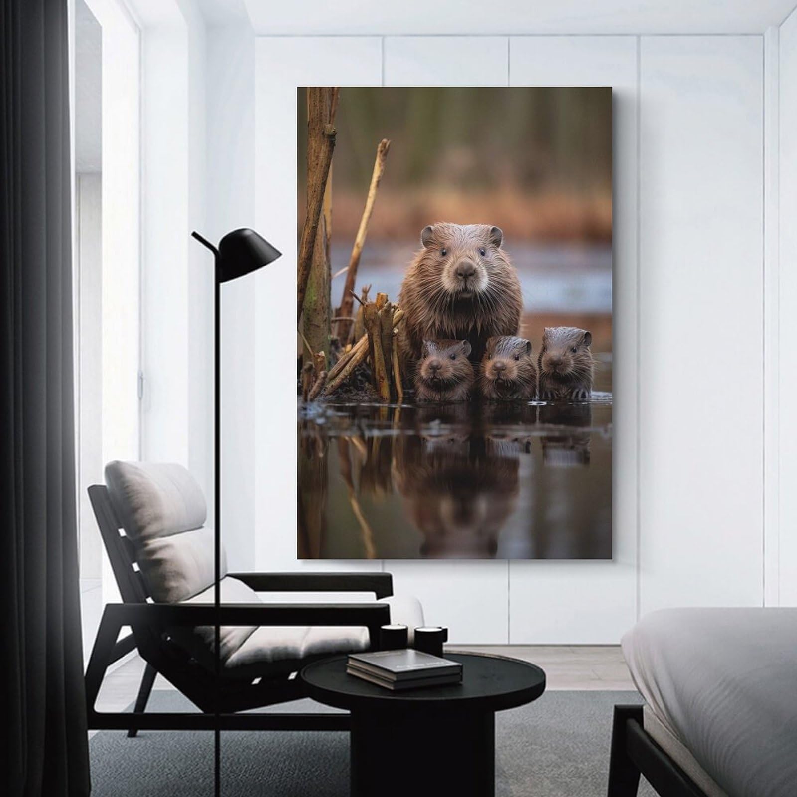 Junmoney Beaver With Kits Photo Decorative Canvas Print 08x12inch(20x30cm), for Gallery Wall Layouts in Home Or Office, Home Wall Art for Statement Displays