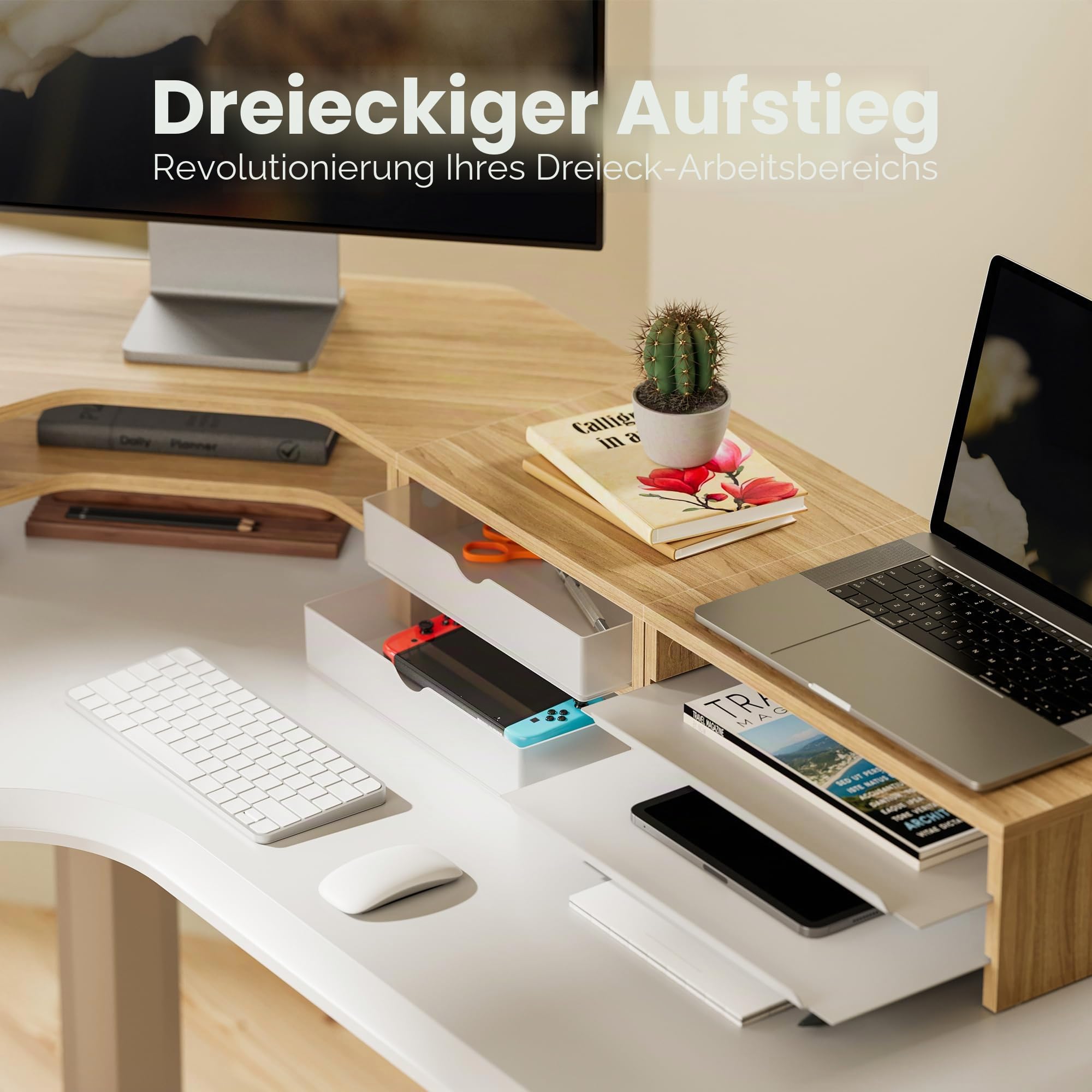 Fenge Monitorständer 3 in 1, Dual Monitor Stand mit Schublade und Ausziehbarem Tablett, L-Förmiger Eck Bildschirmerhöhung, Frei Kombinierbar, Für Home Office, PC, Laptop, Drucker, TV (Eiche)