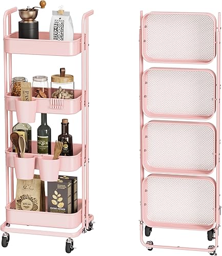 DTK 4 Tier Foldable Rolling Cart, Metal Utility Cart with Lockable Wheels, Folding Storage Trolley for Living Room, Kitchen, Bathroom, Bedroom and