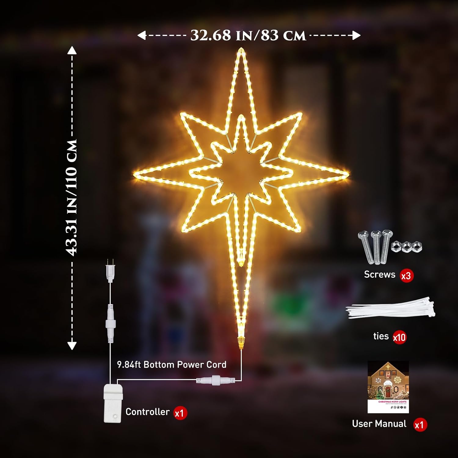 Shine Decor Large 43.3'' x 32.68'' Star of Bethlehem with Controller, 220 LEDs Bright Waterproof Warm White LED Bethlehem Light, Plug in Motif Christmas Light Outdoor for New Year Wedding Party Tree