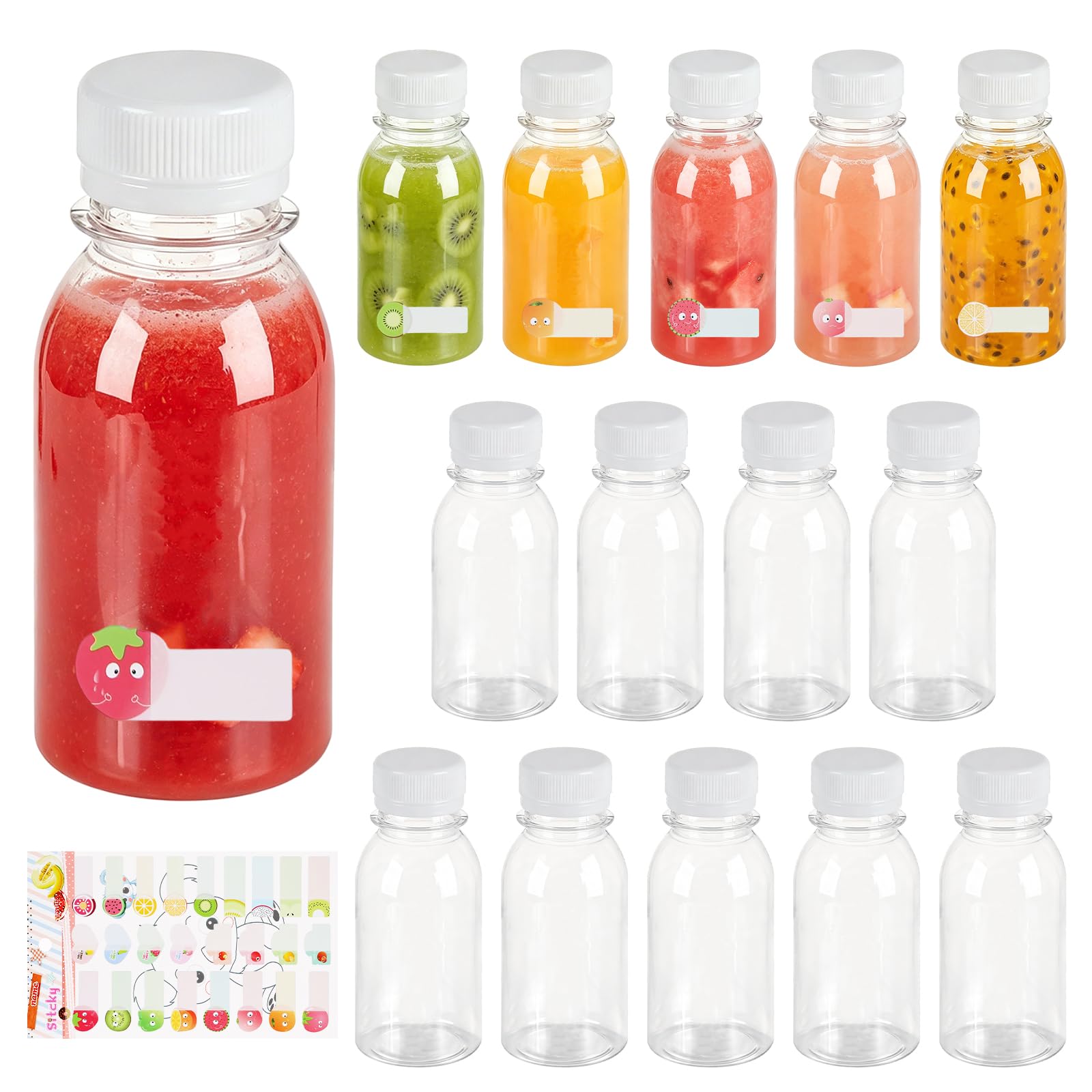 14pcs Juice Shot Bottles with lids, 100ml Small Plastic Bottles with Lids