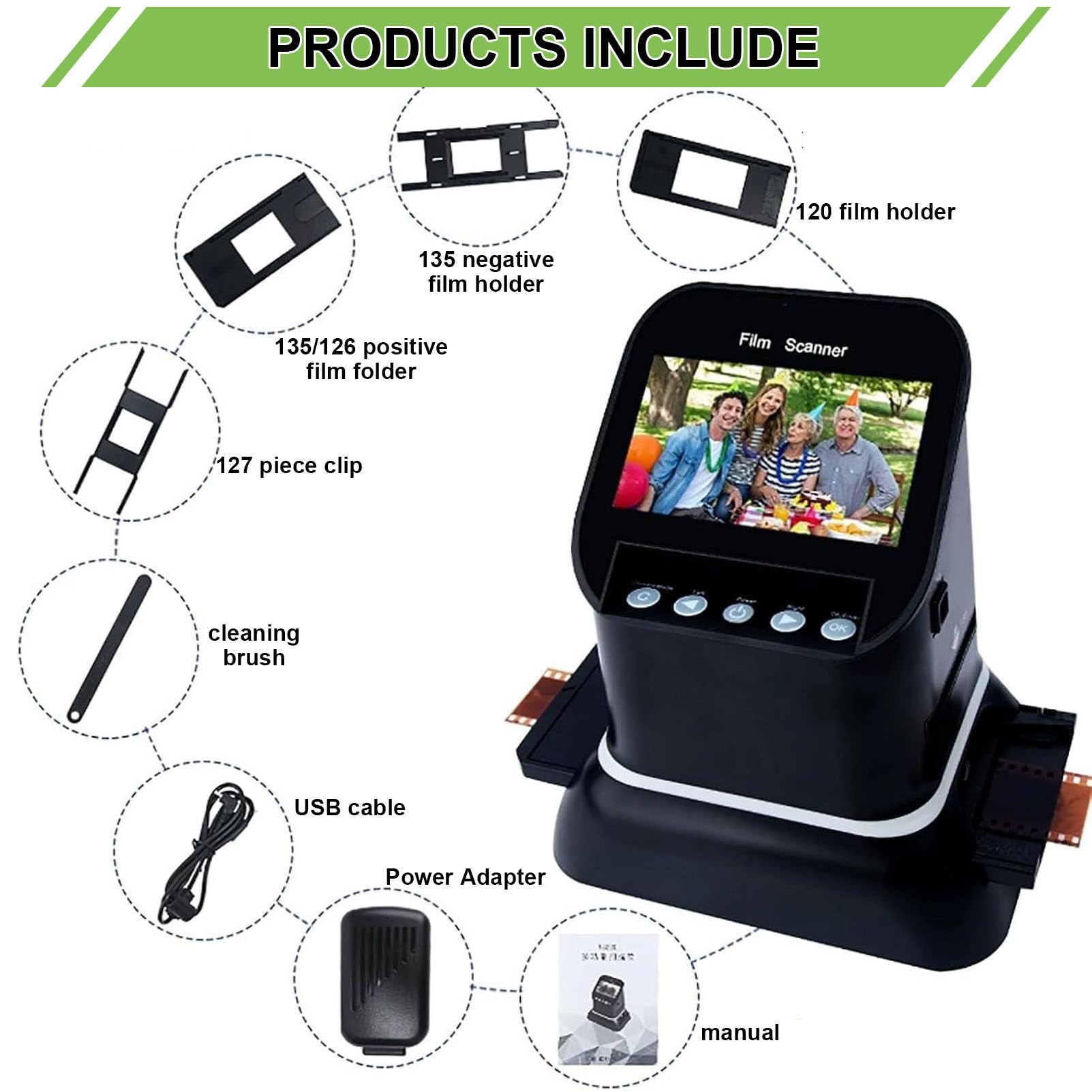 Escáner de película de 22 MP con Pantalla de 4,3" para convertir Diapositivas y Negativos a Formato Digital (35 mm, 120 mm, 126 mm, 127 mm y 135 mm) - Escáner de Negativos y Diapositivas HD
