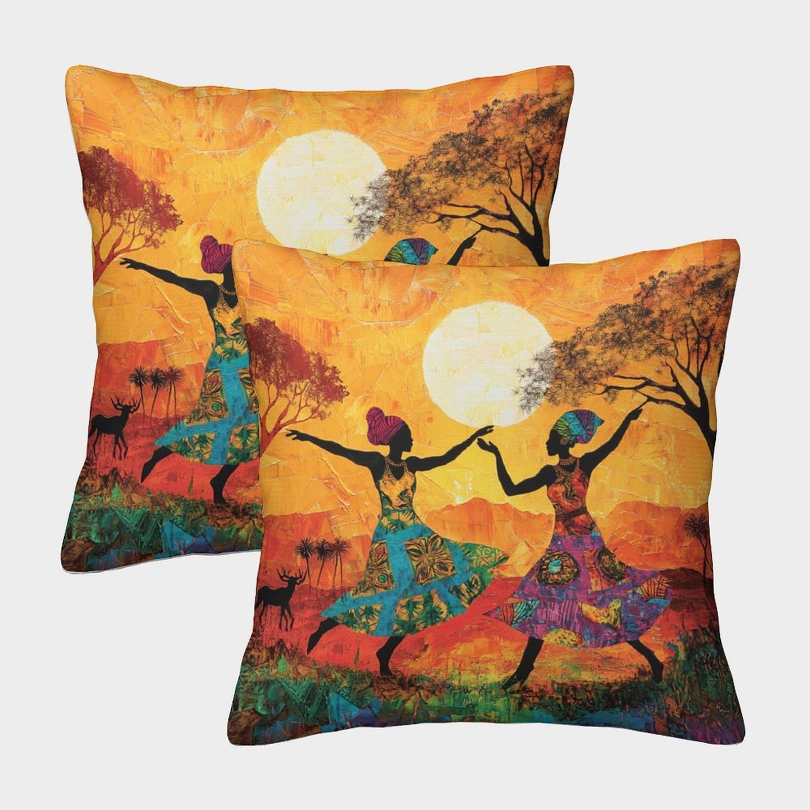 kaiyun 2 Pack African Art Luxury Digital Printed Soft 3D Women Dancing Joyfully in The Warm Sunset Themed Square Cushion Cover 40x40cm