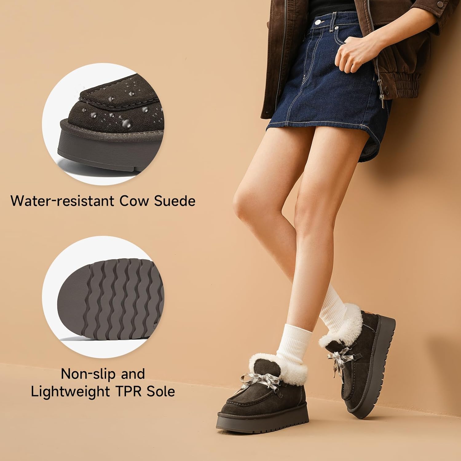 BEAU TODAY Womens Winter Snow Boots, Fur Lined Ankle Booties for Women Warm Boots, Chunky Platform Lace-up Boots Shoes Suede Leather Non-slip Warm Winter Shoes - Image 2