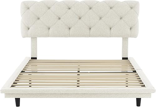 Miniatura 220 de Base de cama flotante tamaño Queen con luces LED y carga USB, marco de cama LED de plataforma tapizada moderna, no necesita somier (blanco-1)