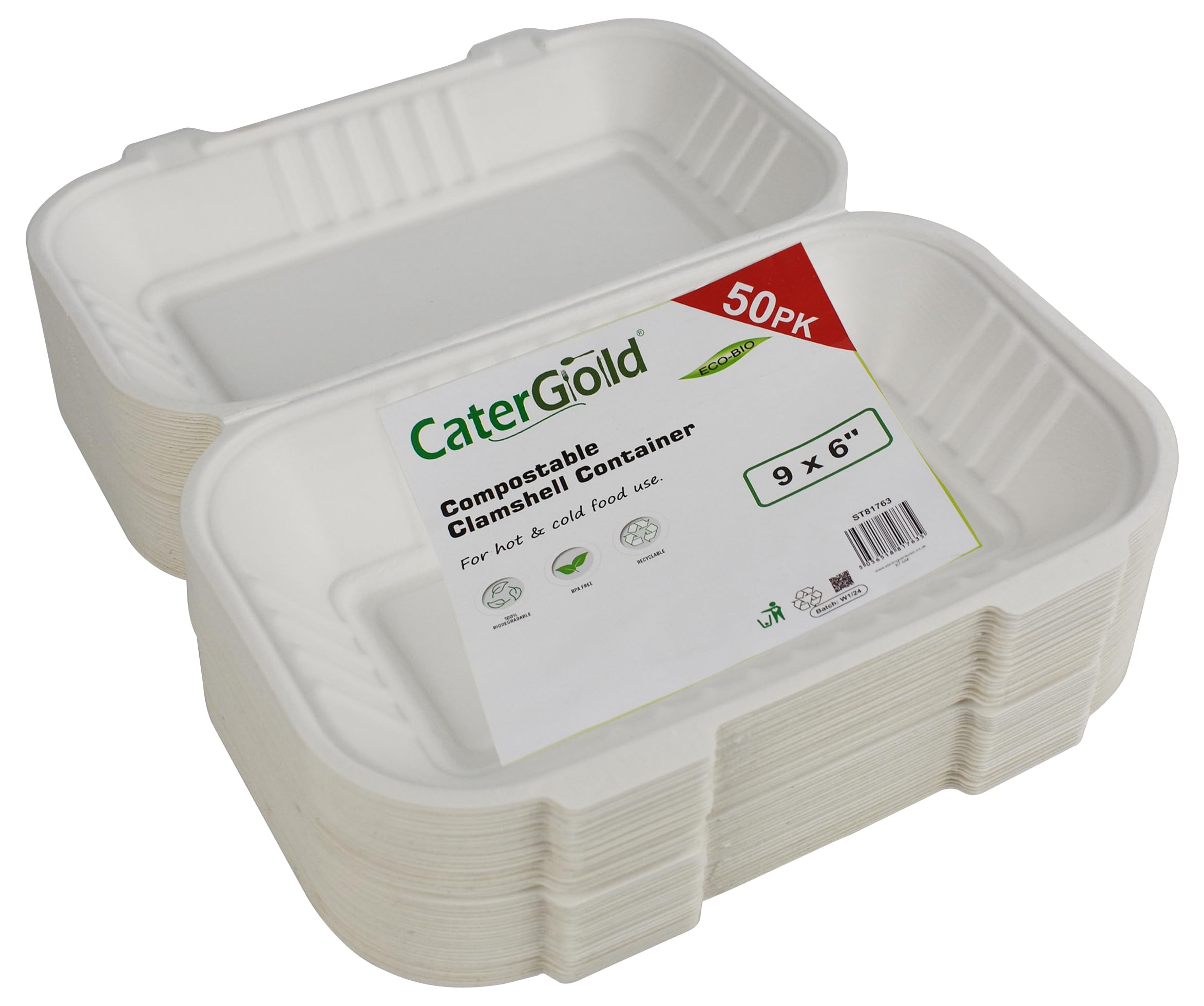 Catergold Strong Hinged Clamshell Takeaway Container Boxes Biodegradable Bagasse Sugarcane 50pk (9 x 6 (23 x 15cm))