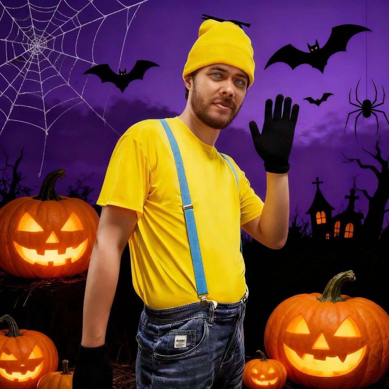 ATAMET 5 Pcs Halloween Costume Accessories Adults-T-shirt/Yellow Beanie hat/Goggles/Gloves/Suspenders Dress Up for Halloween