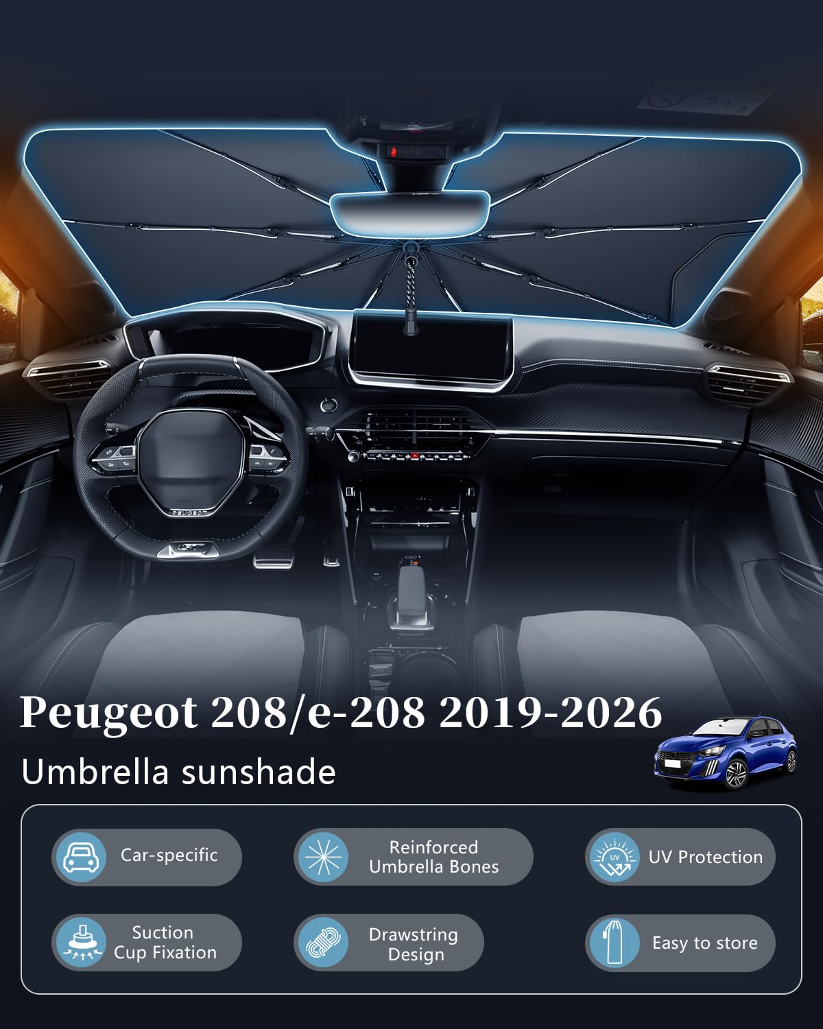 SKTU Parasole Parabrezza per Peugeot 208/e-208 2019-2025 2026 Cordino Design Pieghevole Parasole Protezione UV Protezione per Peugeot 208 Accessori Scheletro in fibra di carbonio