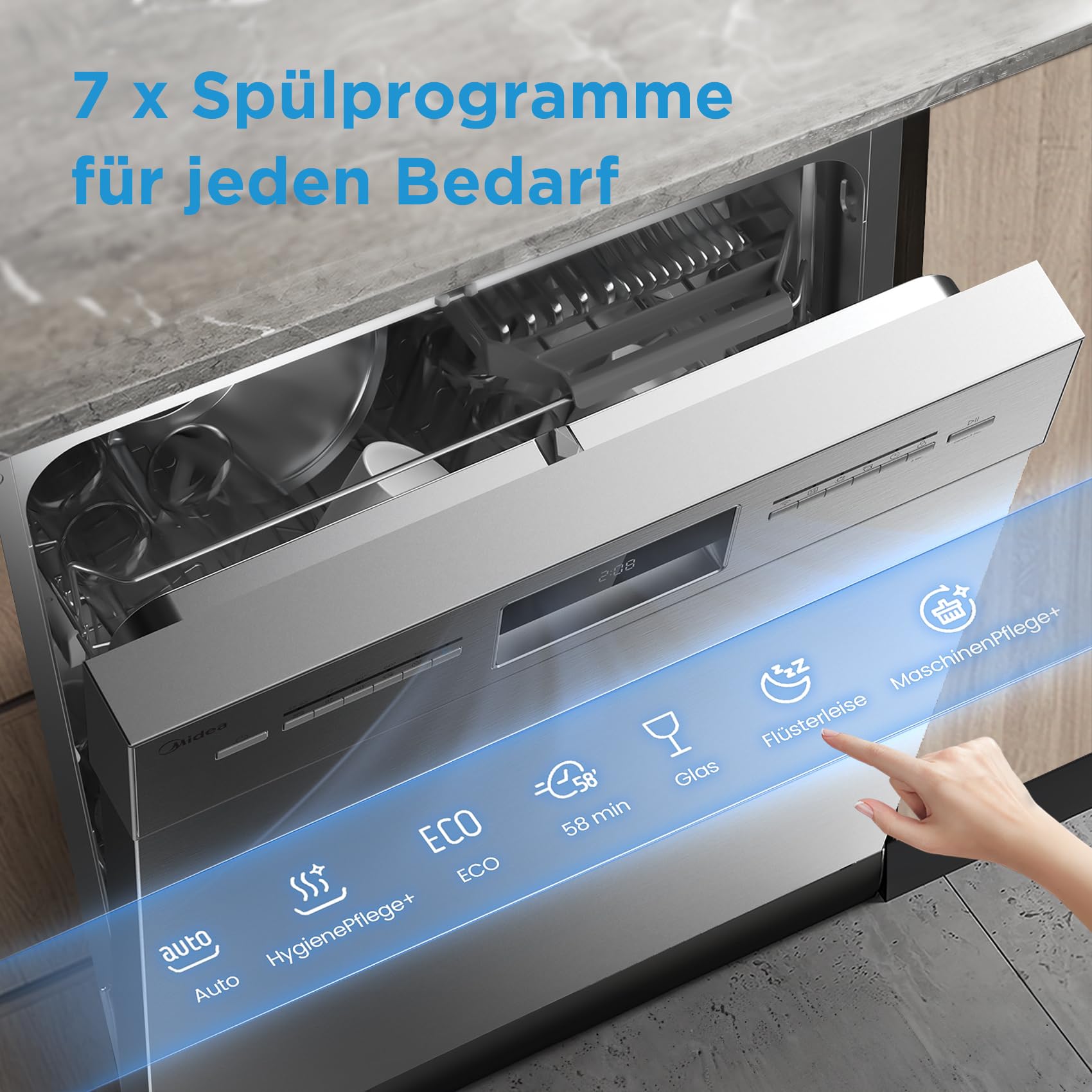 Midea Geschirrspüler Unterbau 60 cm 14 MGD Home Connect Hygienepflege+ Extra Trocknung Silber