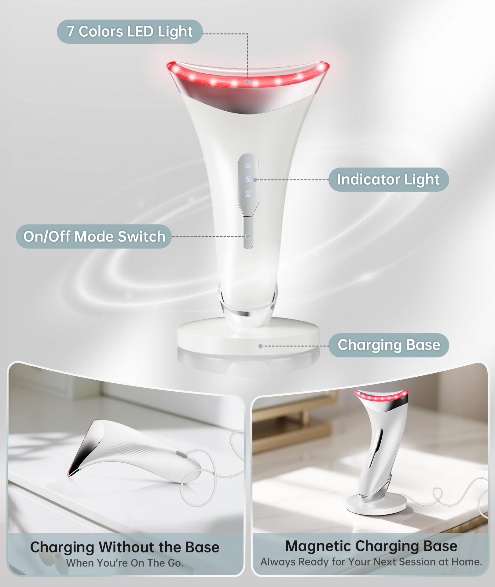 Dopsikn Rotlichttherapie für Gesicht und Hals, 7 Farben, Gesichtsmassagegerät mit einstellbarer Vibration und Thermik für Falten, Doppelkinn, tragbares Hautpflegewerkzeug mit Basis, Weiß