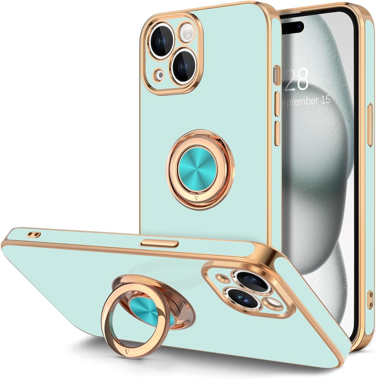 HythonCase for iPhone 15 Case with Ring Stand, 360° Rotatable Ring Holder Magnetic Kickstand, Plating Rose Gold Edge Soft Cover Women Men Luxury Protective Phone Case for iPhone 15 6.1", Mint