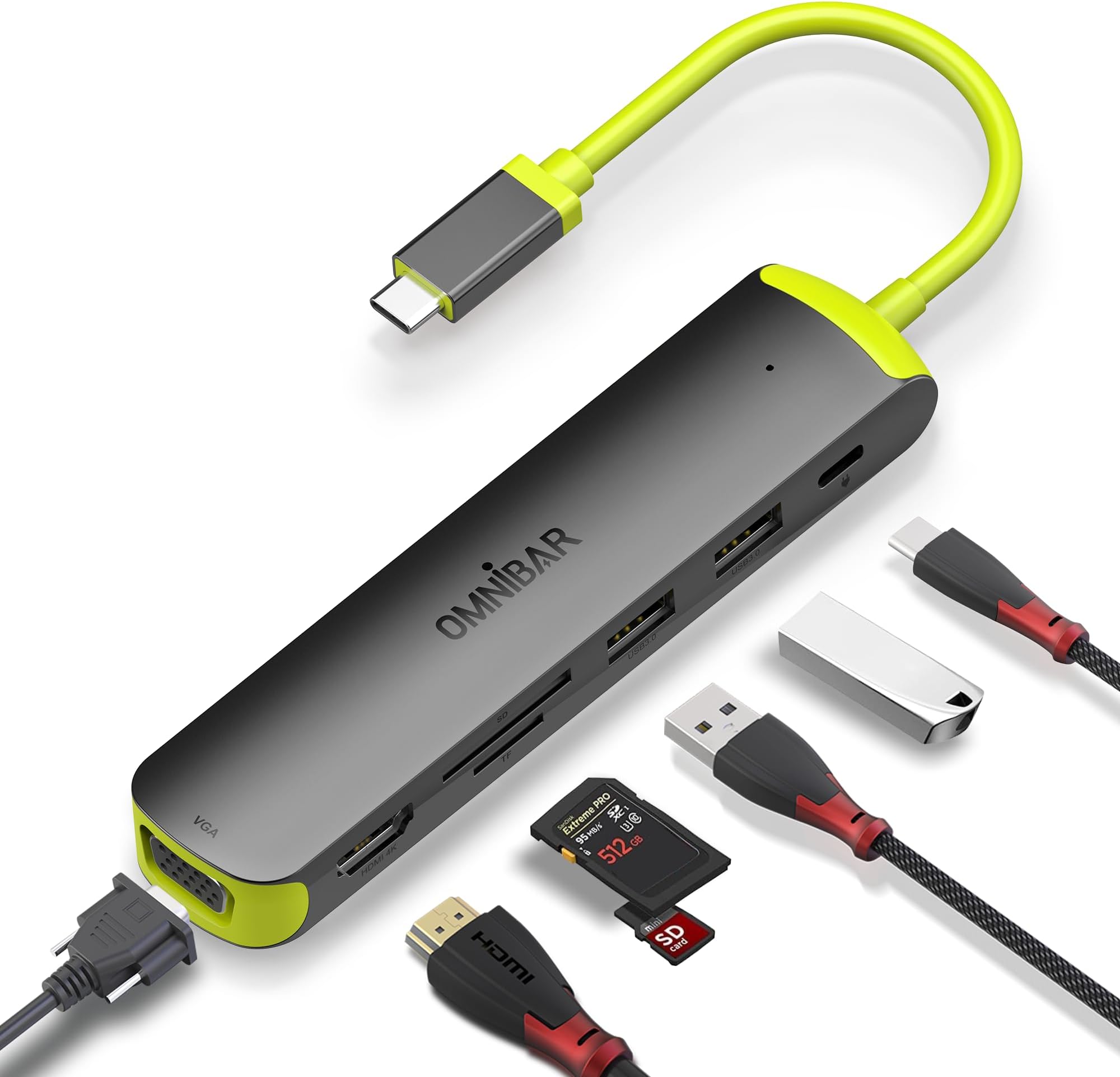 Ominbar USB C Hub,7-in-1 USB C to USB Hub Multiport with 4K HDMI, VGA,SD/TF Card Reader, 2 USB-A 3.0 5Gbps,100W PD Charging Ports,USB Type C Docking Station for Laptop,MacBook Pro/Air and More