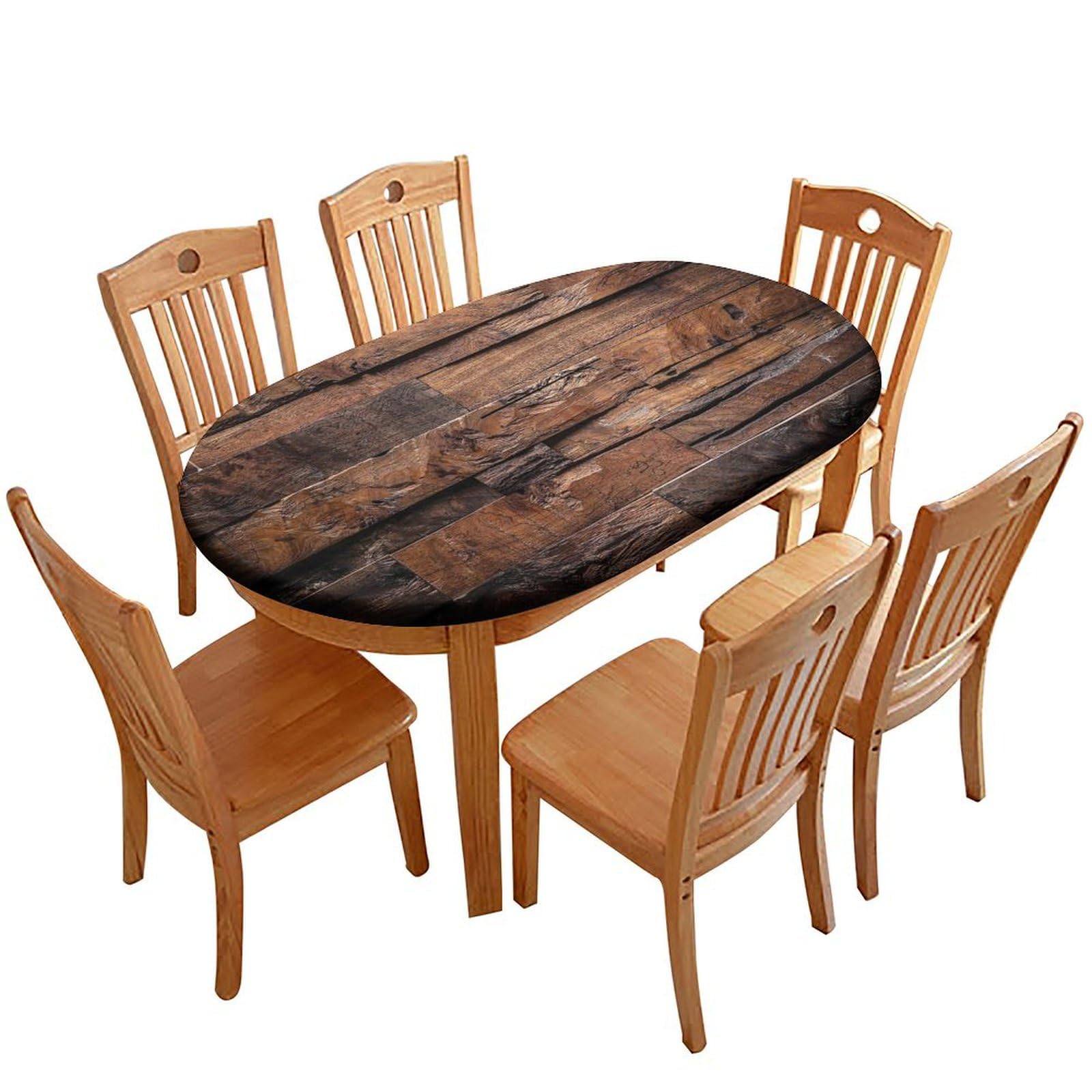 Elastic Edge Fitted Oval Table Cloths,Chocolate,Rough Dark Timber Texture Image ,Brown Dark Brown Washable Wipeable Table Cover, for Kitchen Dining