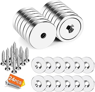 DIYMAG 12Pcs Neodymium Round Base Cup Magnet,Strong Rare Earth Magnets with Heavy Duty Countersunk Hole and Stainless Screws for Refrigerator Magnets Office Craft 0.98 inch (Silver)