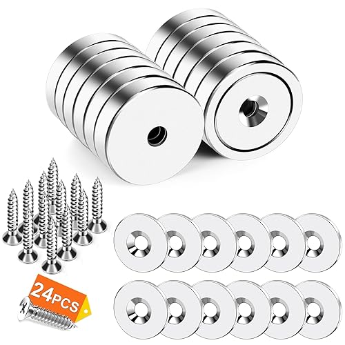 Miniatura 38 de DIYMAG 4 imanes de neodimio con base redonda de neodimio, imanes fuertes de tierras raras con agujero avellanado resistente y tornillos inoxidables