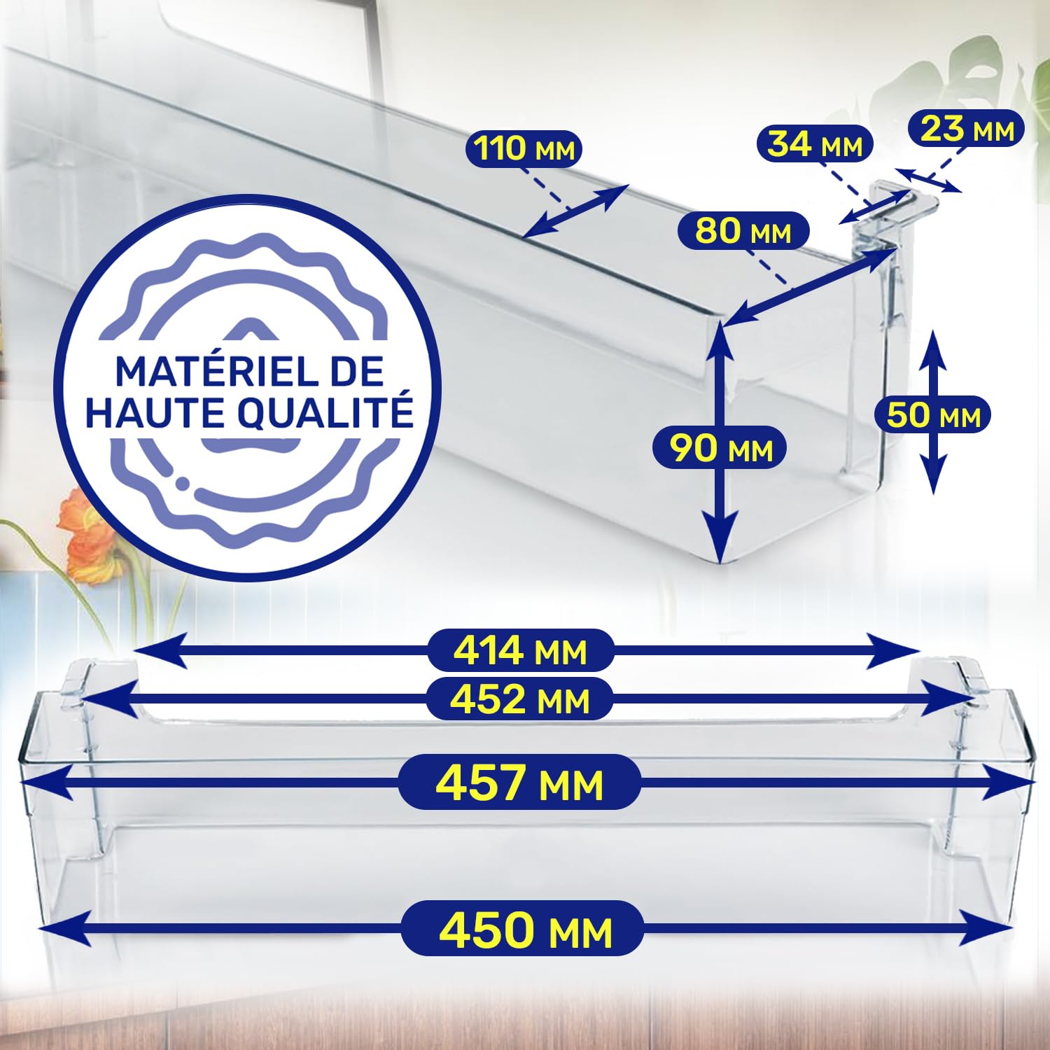 Balconnet pour Porte Bouteille Frigo 457 x 110 x 90 mm 407845 pour Gorenje | 422779 A6-H90 031 A6-H90 077/1 pour Asko pour Panasonic - MADE IN EU - Garantie de 10 Ans - MONTERAL