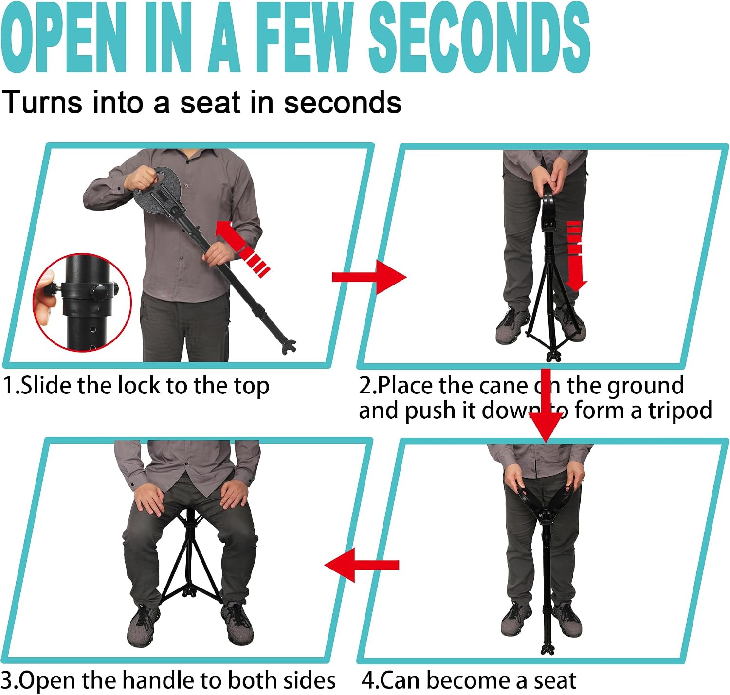 Upgraded Portable Walking Sticks with Seat,Adjustable Height 34"-37" Cane with Stool,Cane Seat，2-in-1 Foldable Walking Sticks,Lightweight Tripod Crutches Stool Capacity 550lbs for Men Women Elderly