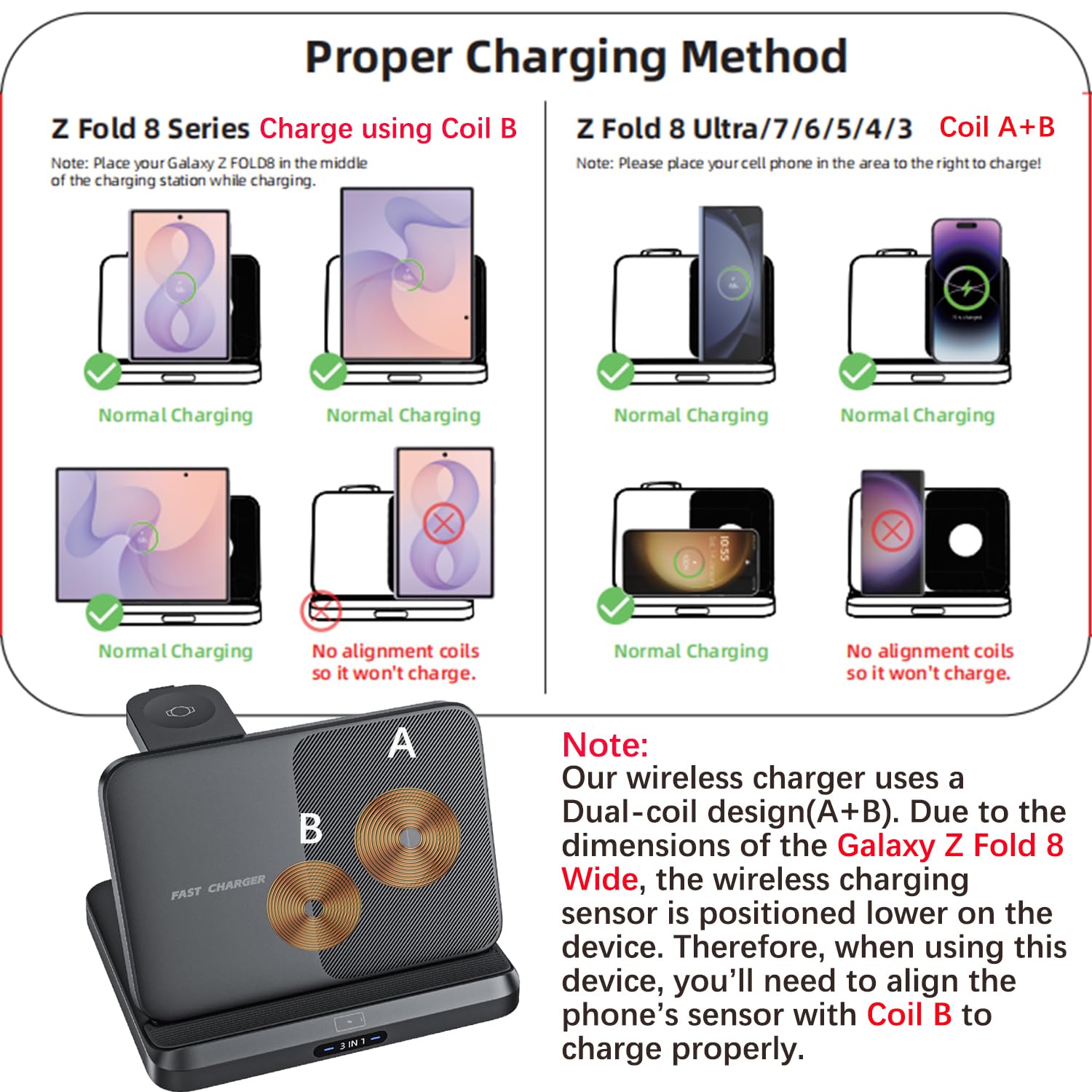 Station de charge sans fil 3 en 1 pliable pour Samsung Galaxy Z Fold 8 Ultra 7 6 - Station de charge rapide pour Galaxy Z Flip 8/Galaxy S26/S26 Ultra/Galaxy Watch/Galaxy Buds