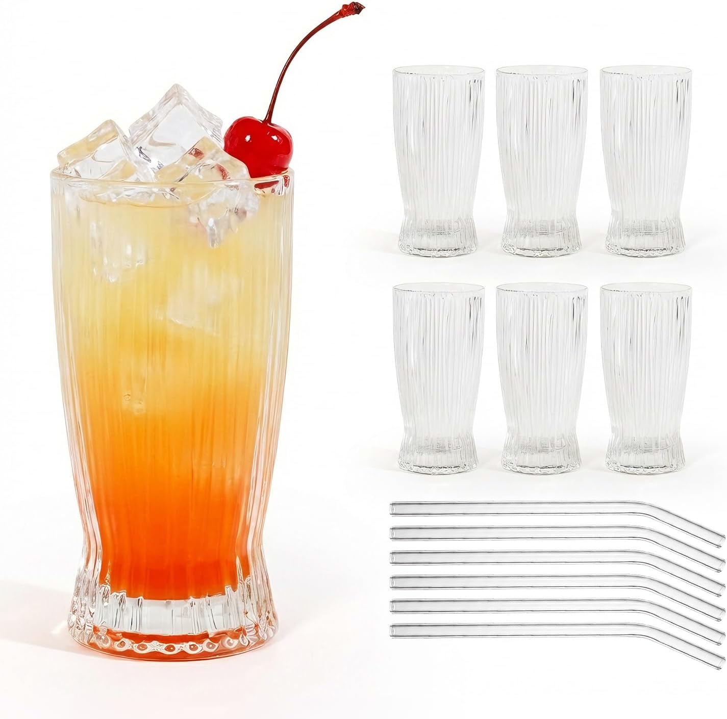 Juego de 6 Vasos Ribeteados de 12 oz con Sorbetes de Vidrio