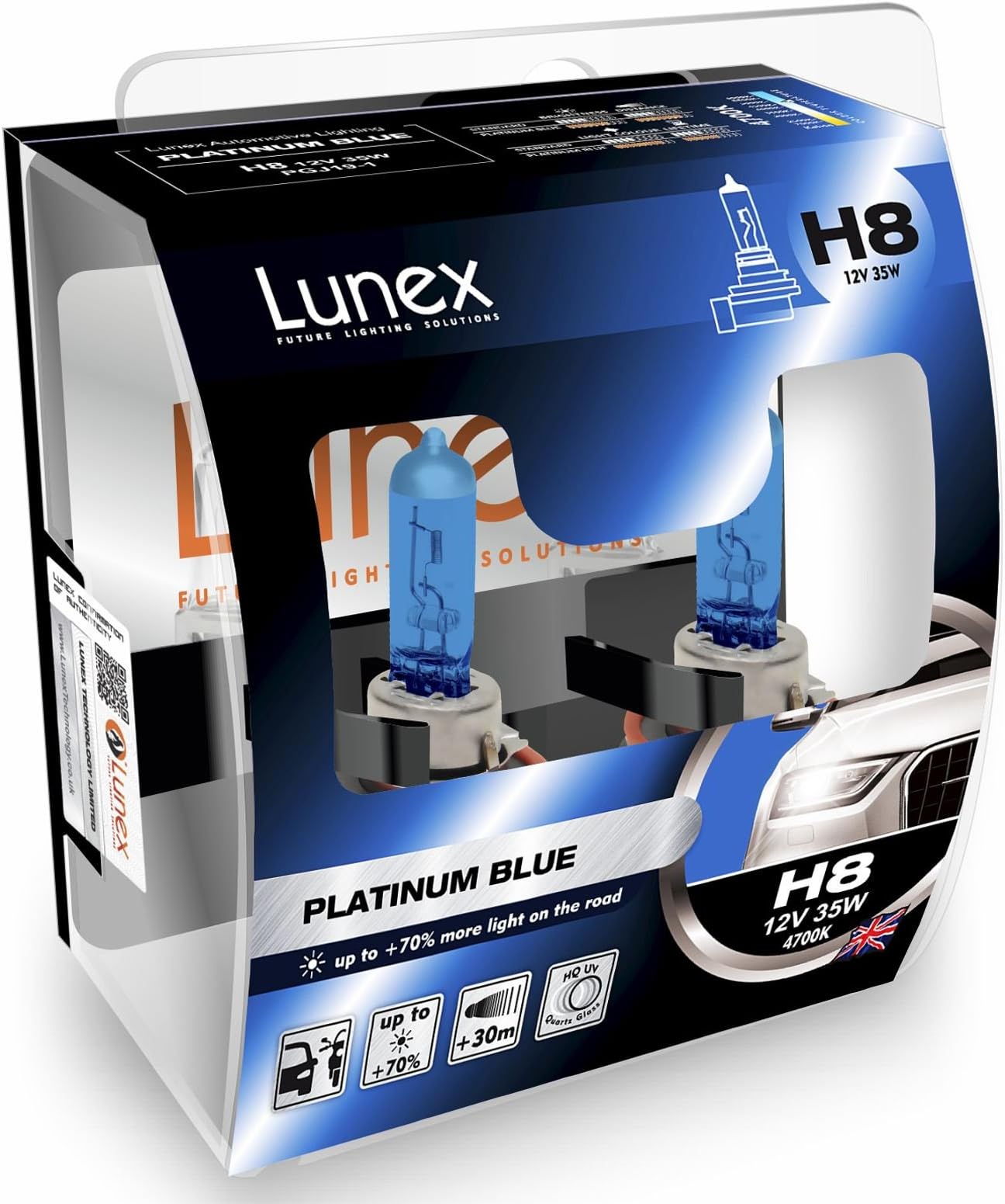 LunexH8 PLATINUM BLUE Headlight Halogen Bulbs 708 12V 35W PGJ19-1 4700K duobox (2 units)