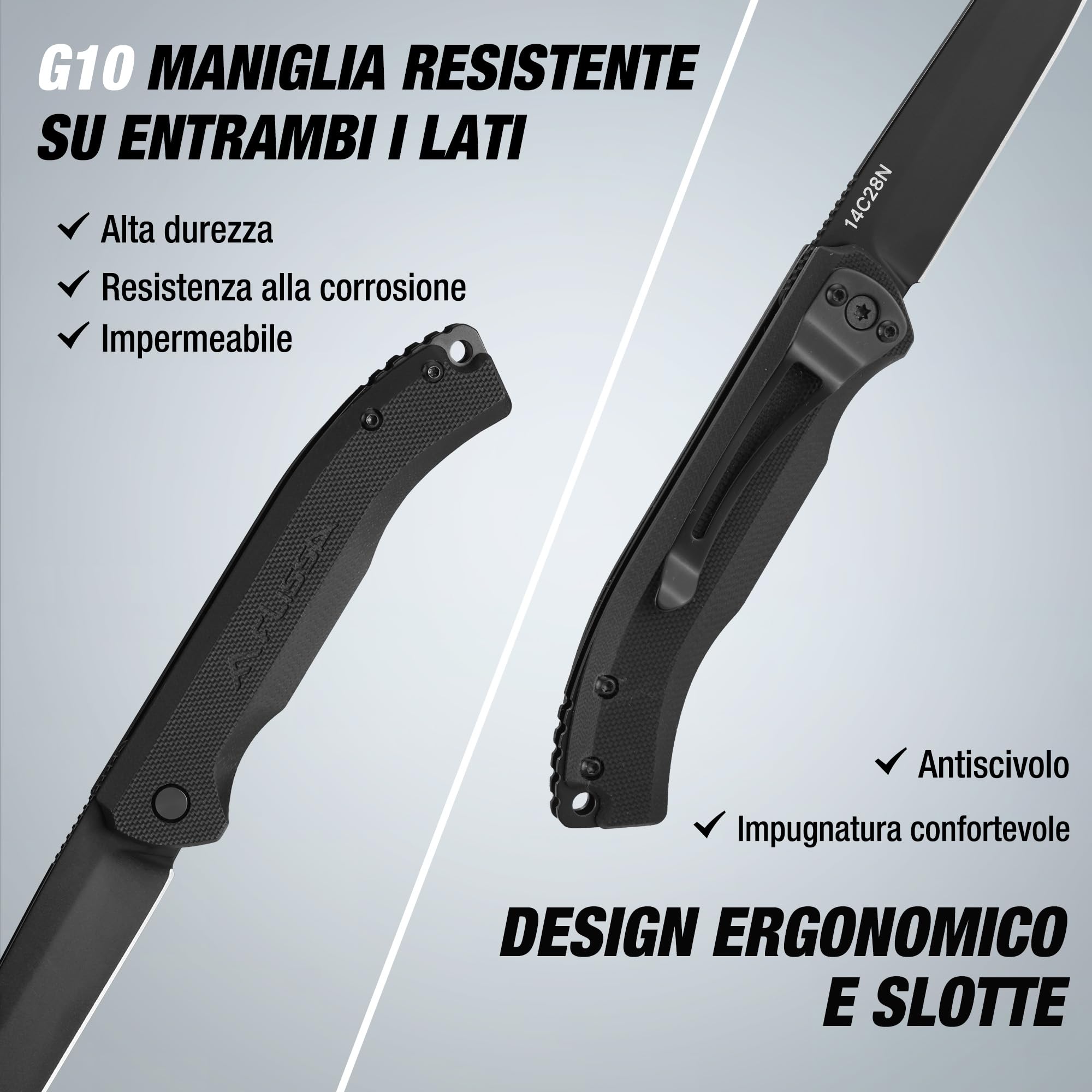 FLISSA Coltello Tascabile con Manico in G10, Lama in Acciaio 14C28N, Lavorazione CNC, Clip da Cintura, Compatto e Portatile per Campeggio, Attività Outdoor e Uso Quotidiano