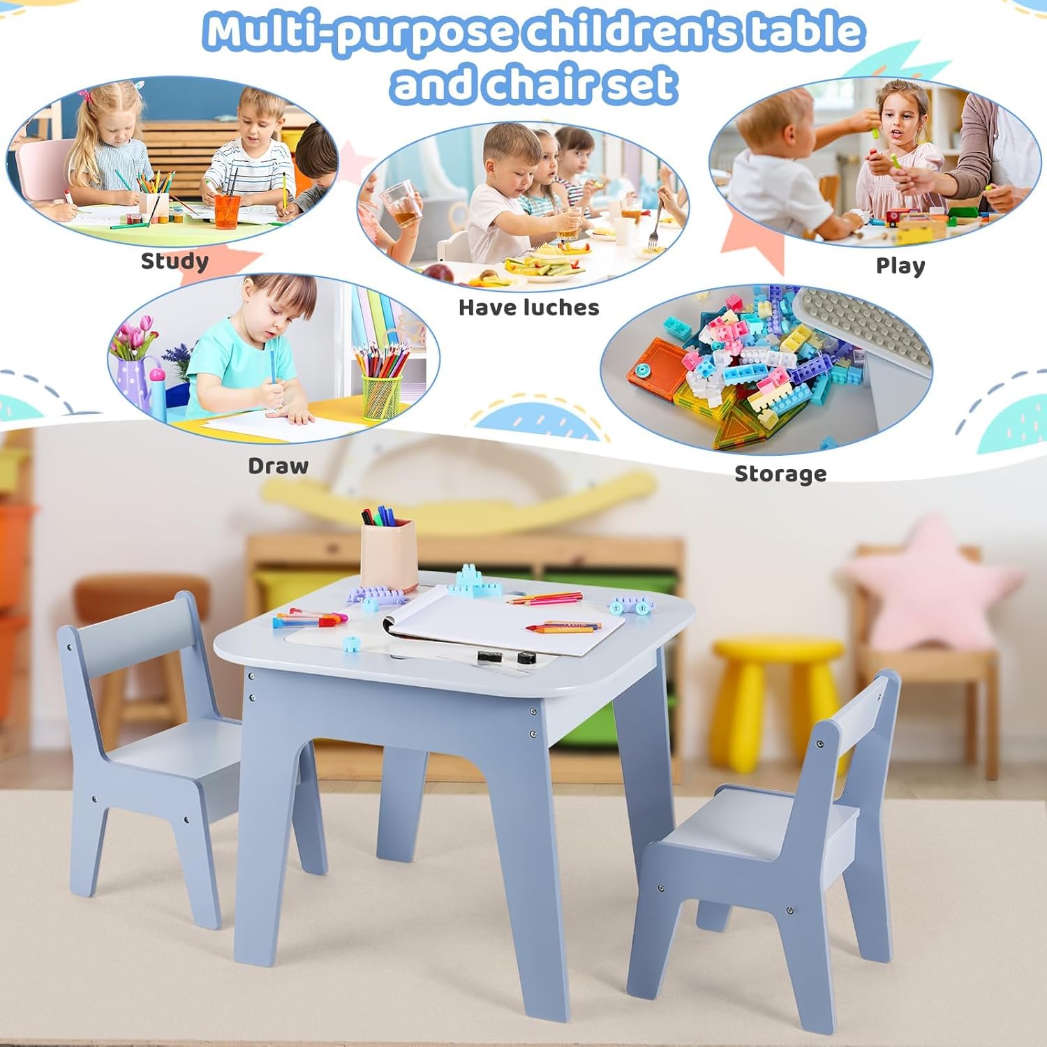 Arlopu 4 in 1 Kids Activity Table with Storage, Building Blocks Board, Reversible Wooden Toddler Table and Chairs, Sensory Desk, Graffiti Blackboard, Whiteboard, Art Crafts Playing, Drawing, Reading