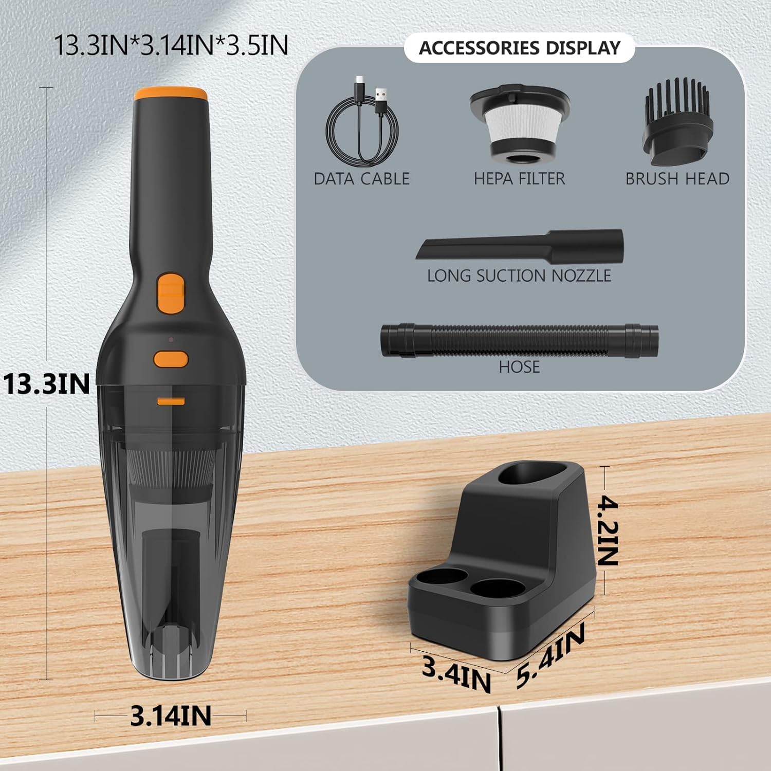Handheld Rechargeable Car Vacuum Cleaner 10KPa High Power with LED Light Multi-Nozzles for Car Home Pet Orange 1Pack