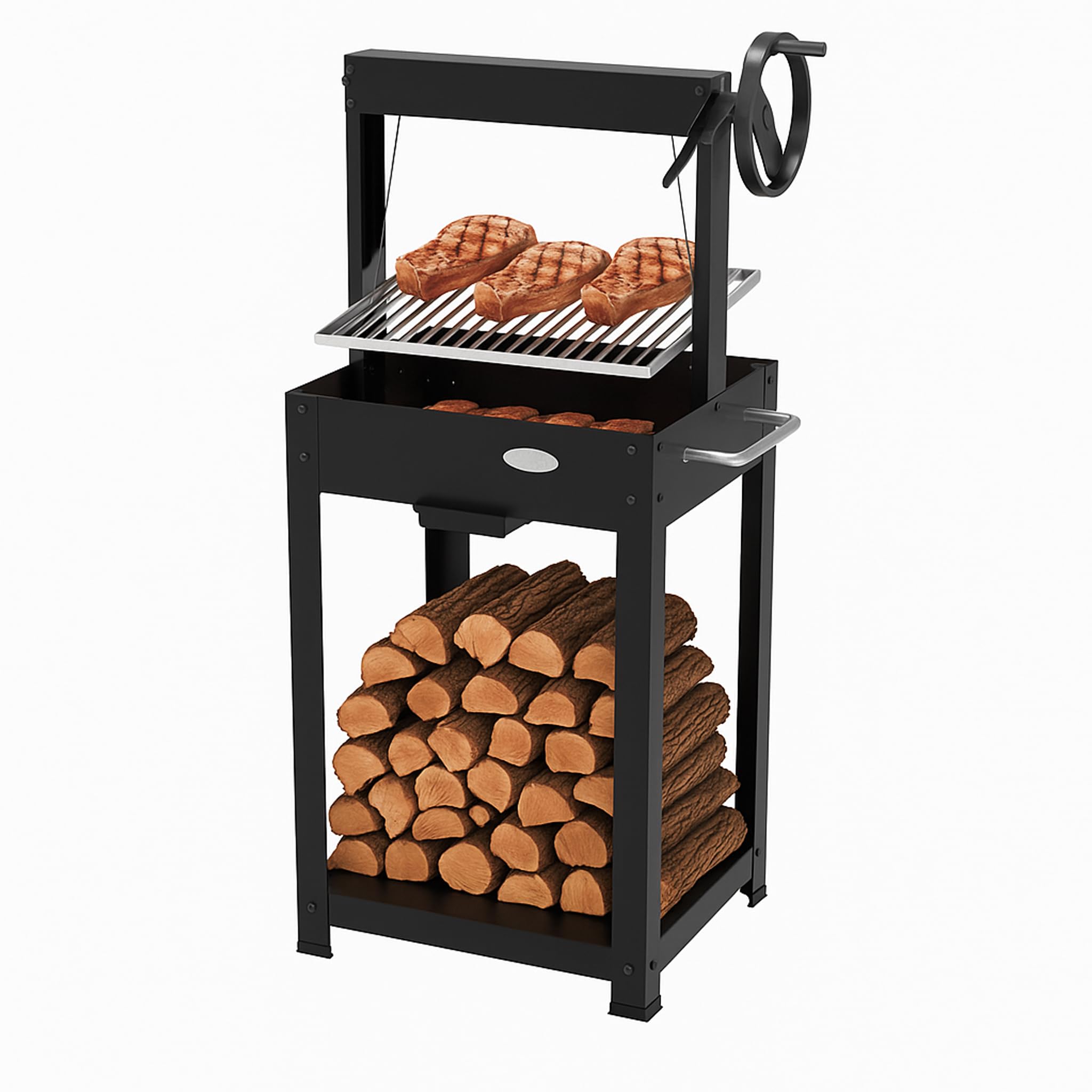 Barbecue a Legna o Carbone "DMX" con Griglia Regolabile a Manovella – Struttura Robusta e Portalegna - 54,4 x 45,5 x 121,5cm