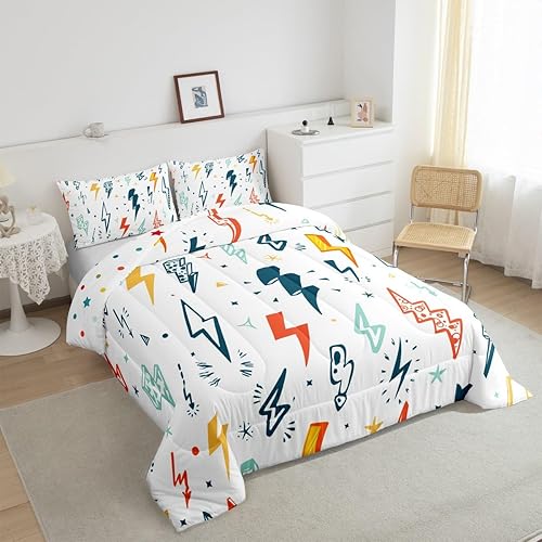 Miniatura 7 de Juego de edredón de relámpagos con dibujos animados, tamaño King, juego de ropa de cama de videojuegos de 3 piezas para niños, niñas, adolescentes,