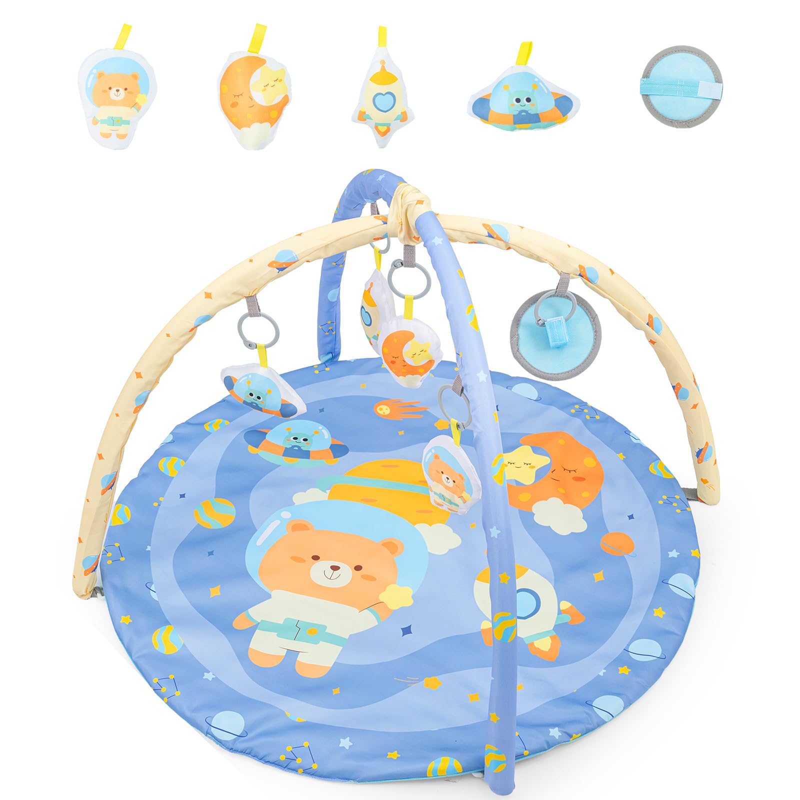 BREEZENEST Baby Play Gym & Activity Mat with Sensory Toys – Arch, Kick Piano, Mirror, Crinkle Medallion, Soft Book, Rattle, Ocean Balls, Playmat for Newborns & Infants (0-36 Months) (Space-Round)