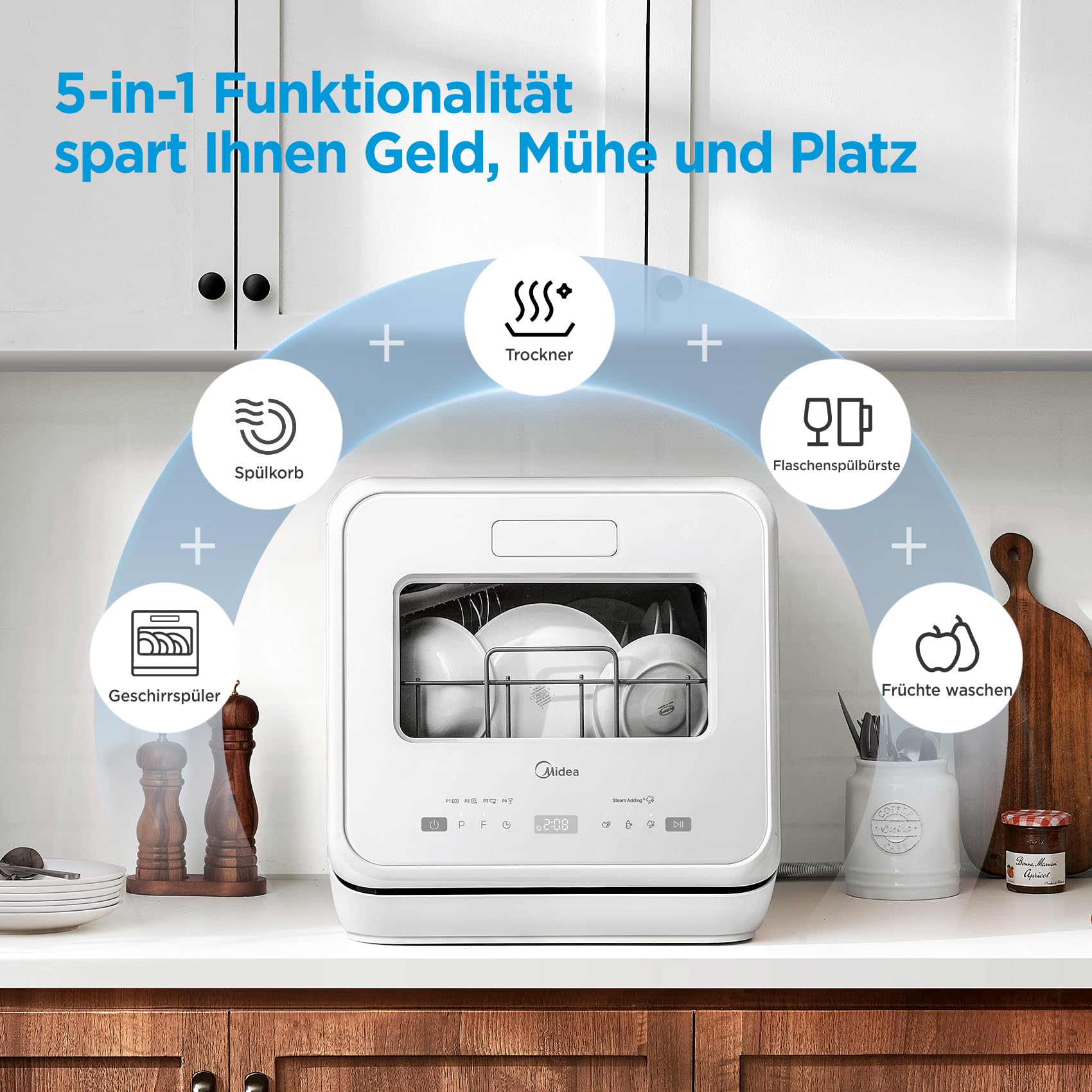 Midea Mini Geschirrspüler mit Wassertank, Freistehend Tischgeschirrspüler 6+3 Programme Touch Control Startverzögerung
