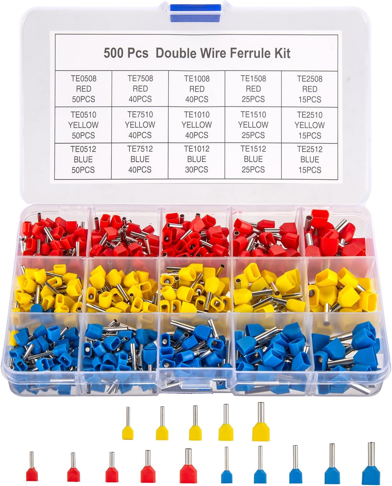 500pcs Double Wire Ferrules Kit - Twin Ferrule Connectors, AWG 14-22