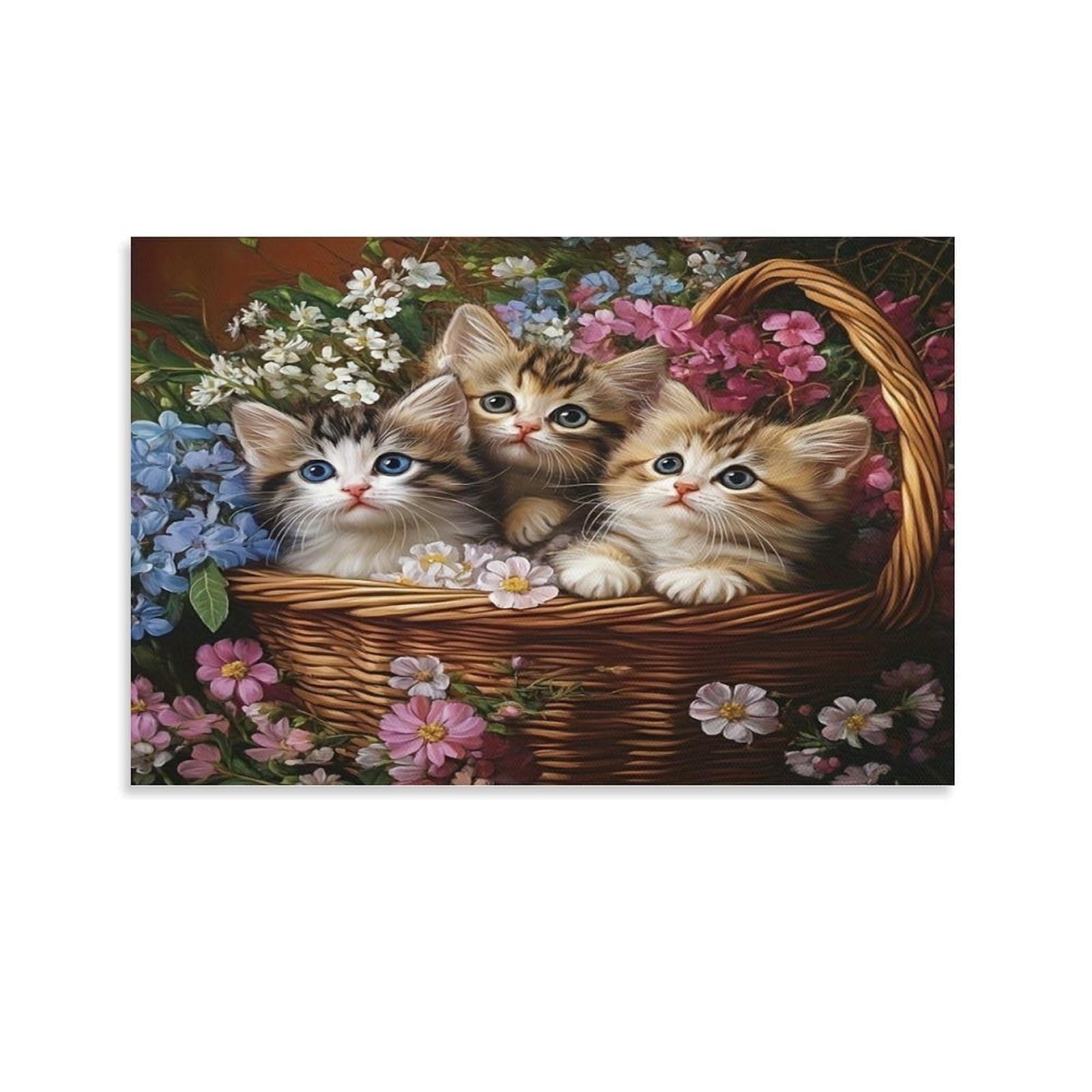 CPLVKWRQJ Cute Kittens Basket Single Piece Three Kittens Flower Wicker Basket Framed Wall Art - Living Room Gallery Wall Focal Point Ready to Hang Decor 20x30inch(50x75cm)