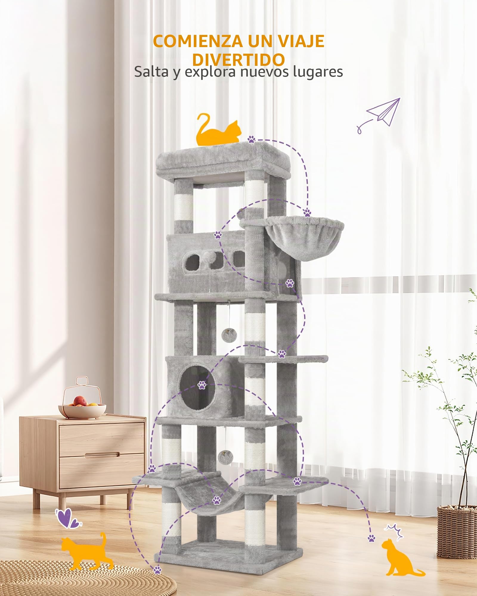 Hzuaneri 170cm Rascador para Gatos, Árbol para Gatos, 2 Cuevas, Plataforma, 1 Hamaca, 1 Cesta, 3 Pompones, L(50 x 40 x 170 cm), Gris Claro MS17018LG