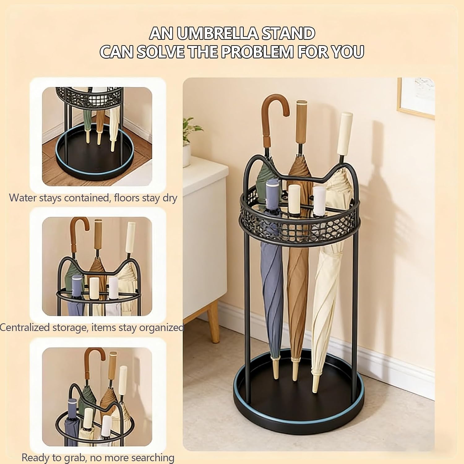 Indoor with Drip Tray, Metal Storage Rack for Home and Office Entryways, No Installation Required