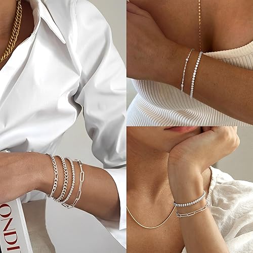 Miniatura 4 de adoyi Dainty Gold Silver Chain Bracelets Set for Women Girls 14K18K Real Gold Plated Layered Link Chain Bangle Bracelets Pack for Women Adjustable