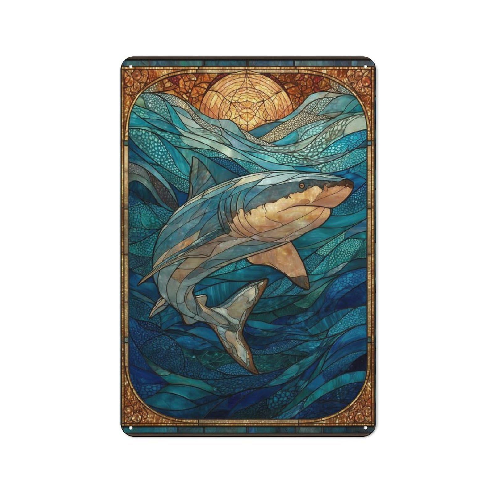 Junmoney Stained Glass Shark Undersea Retro Tin Sign 30X20cm For Garage Or Workshop, For Furnishing A New Garage And Workshop With Retro Decor